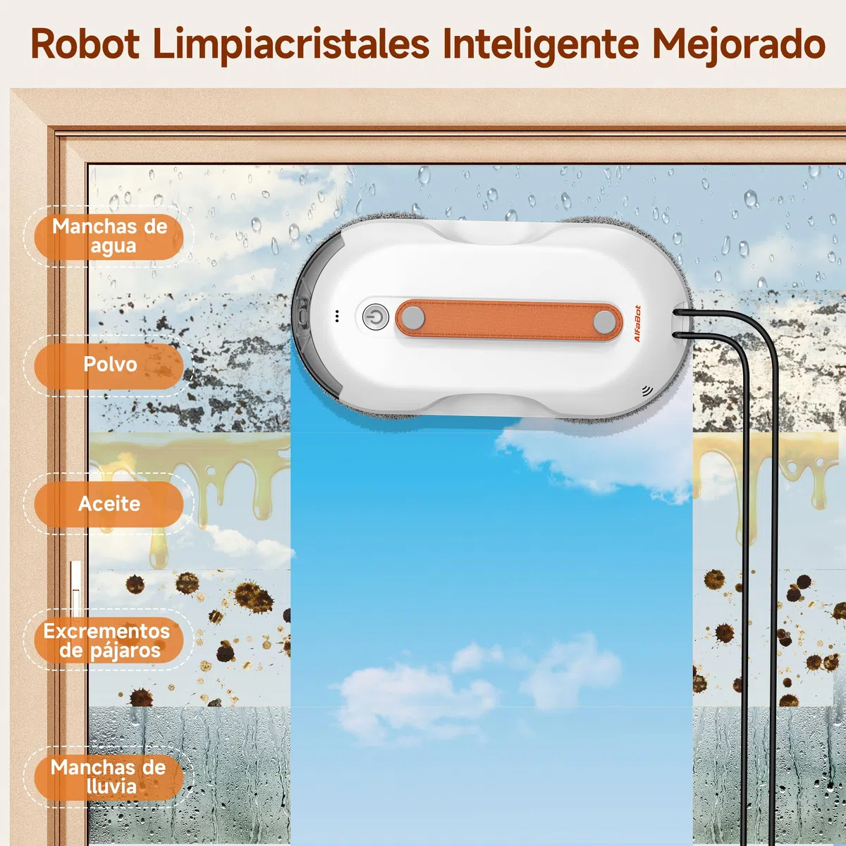 AlfaBot X7 Pro – Robot Limpiaventanas Inteligente - Limpieza sin Rayas para Cristales, Azulejos y Superficies Lisas • Rociado Bilateral • Tanque de Agua Grande