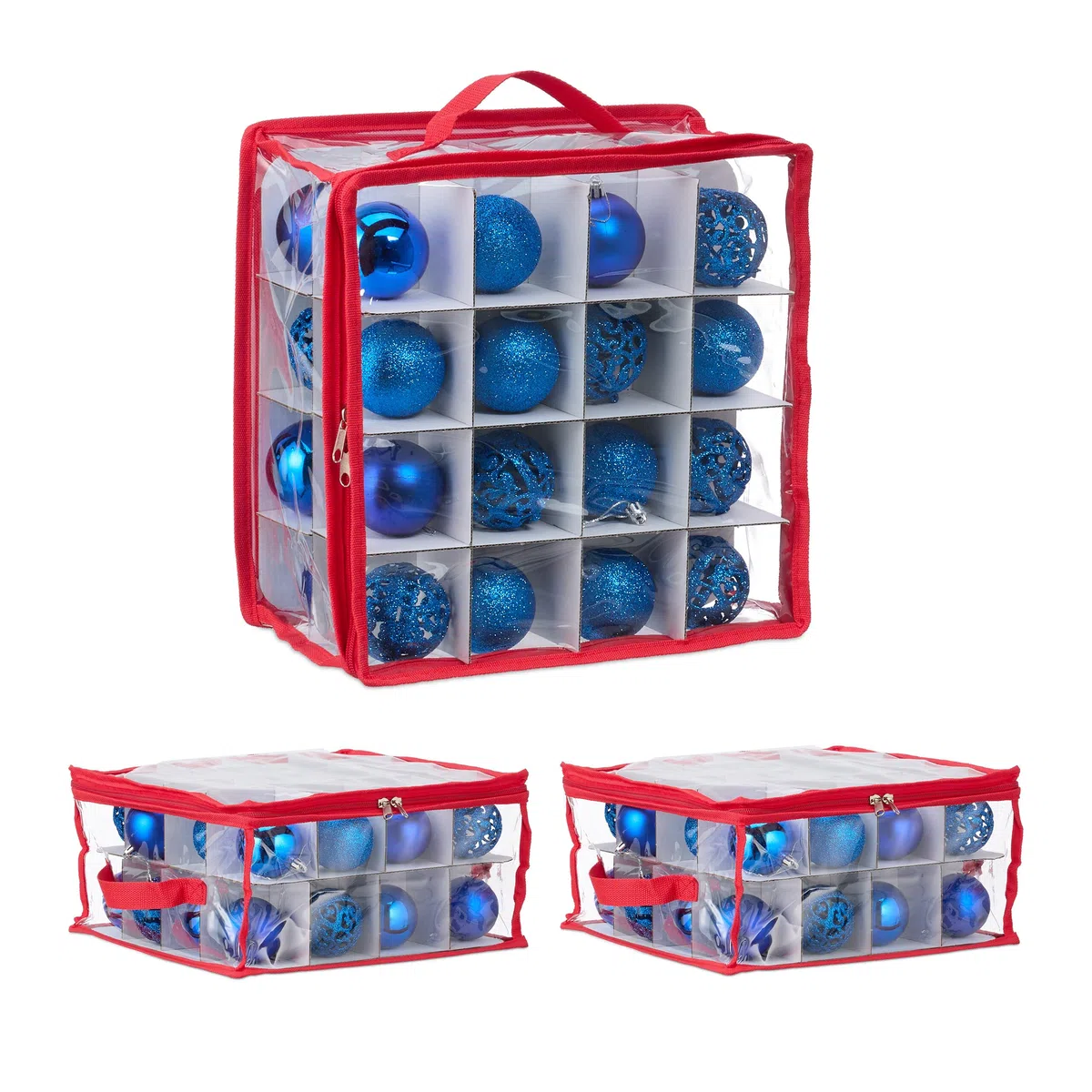 Relaxdays 3 Cajas Organizadoras para Adornos de Navidad, Almacenaje 32 Compartimentos, 16x32x32 cm, Transparente/Rojo