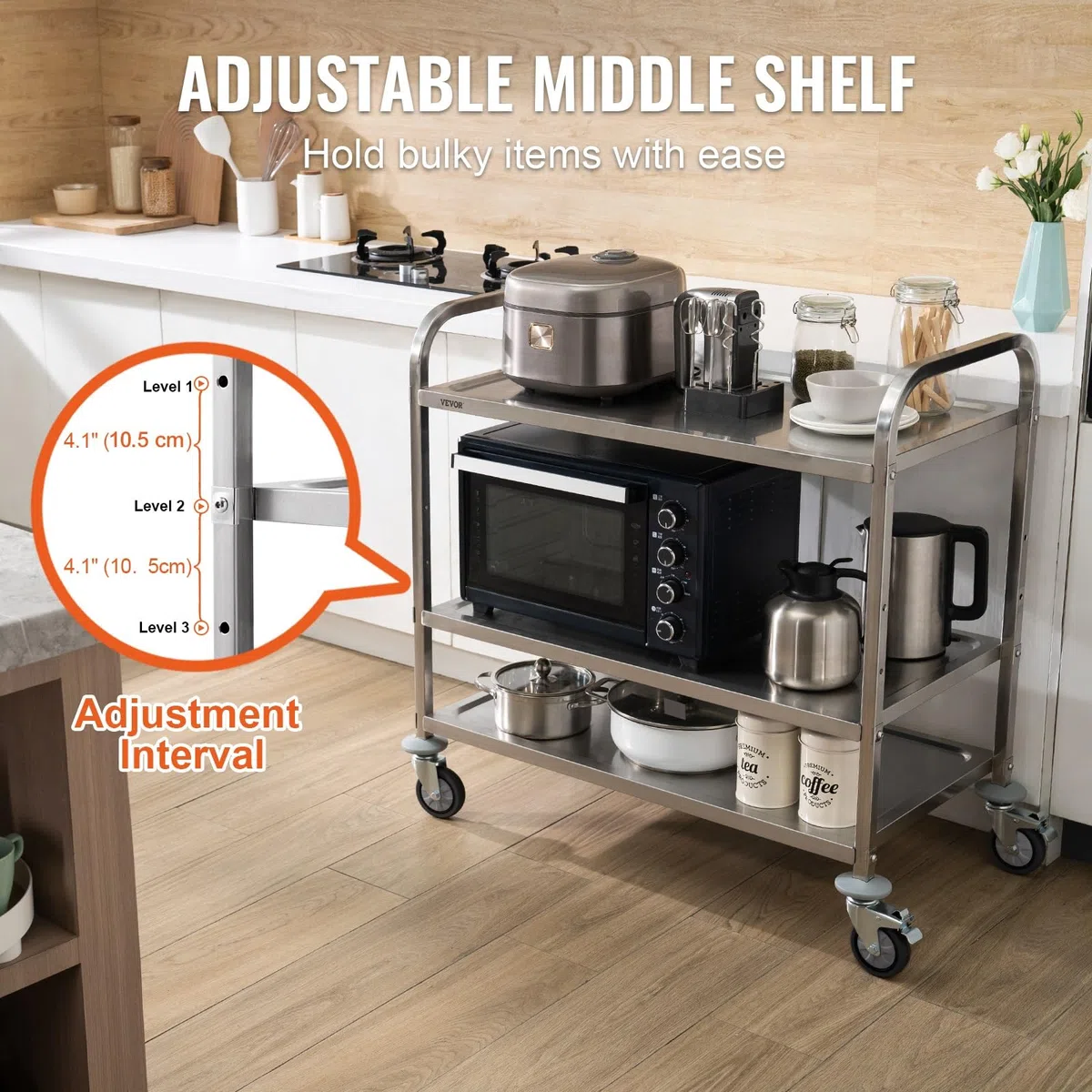 VEVOR Carro con Ruedas de 3 Niveles Carro de Almacenamiento Multifuncional de Acero Inoxidable 94x49,5x93 cm Carga 100 kg Ruedas con Bloqueo 6 Ganchos para Almacenamiento Lavadero Cocina Restaurante