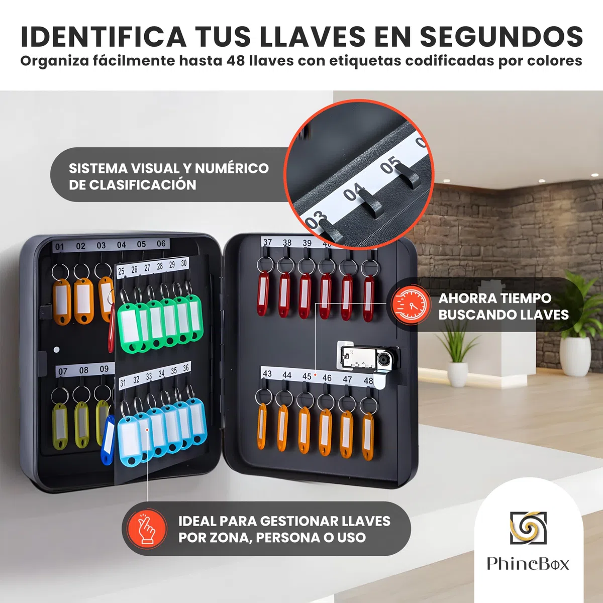 Caja Llaves, Armario para 48 Llaves con Cerradura de Combinación, Armario Llaves en Pared, Caja de Acero Laminado Negro, 48 Llaveros Incluidos, Key Box