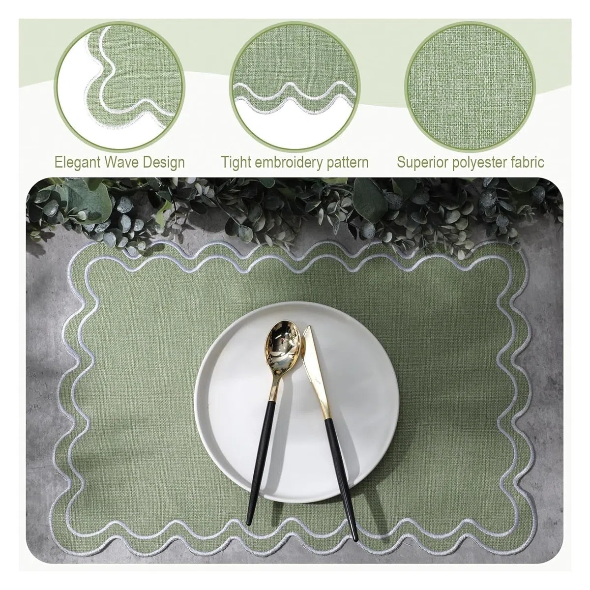 Manteles individuales de lino y algodón, manteles individuales con bordado ondulado festoneado de 13x19 pulgadas, manteles rectangulares rústicos lavables for mesa de cena for Cocina(Green,STRIP_6PCS)