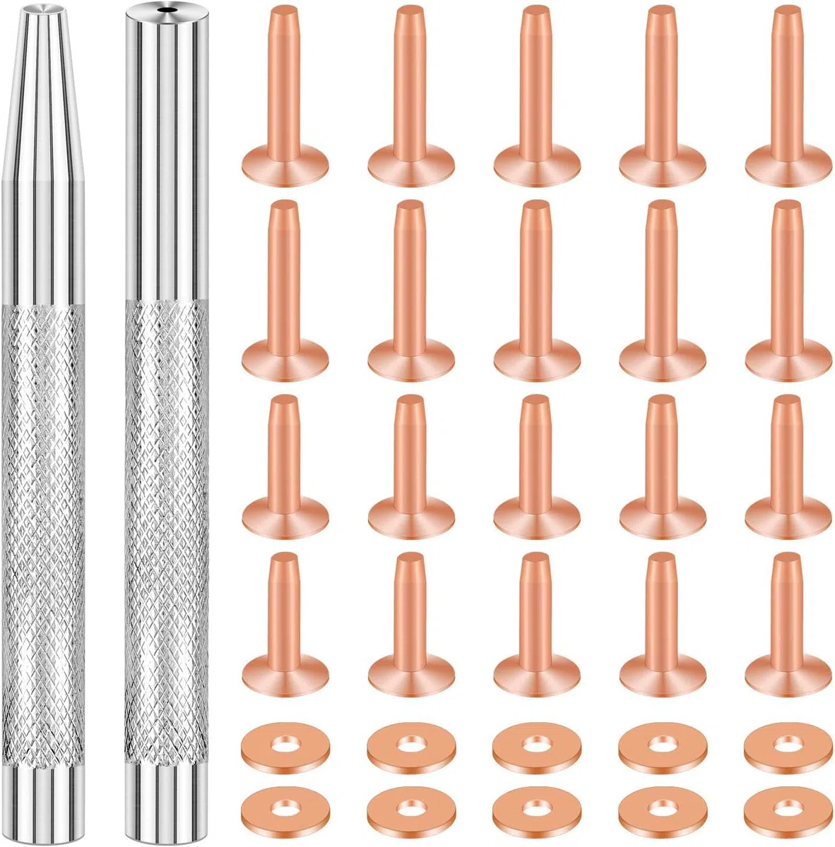 SelfTek Paquete de 20 remaches y rebabas de cobre (14 mm y 19 mm) con 2 herramientas de remache de perforación para cinturones, bolsos, collares, manualidades de cuero, pulseras