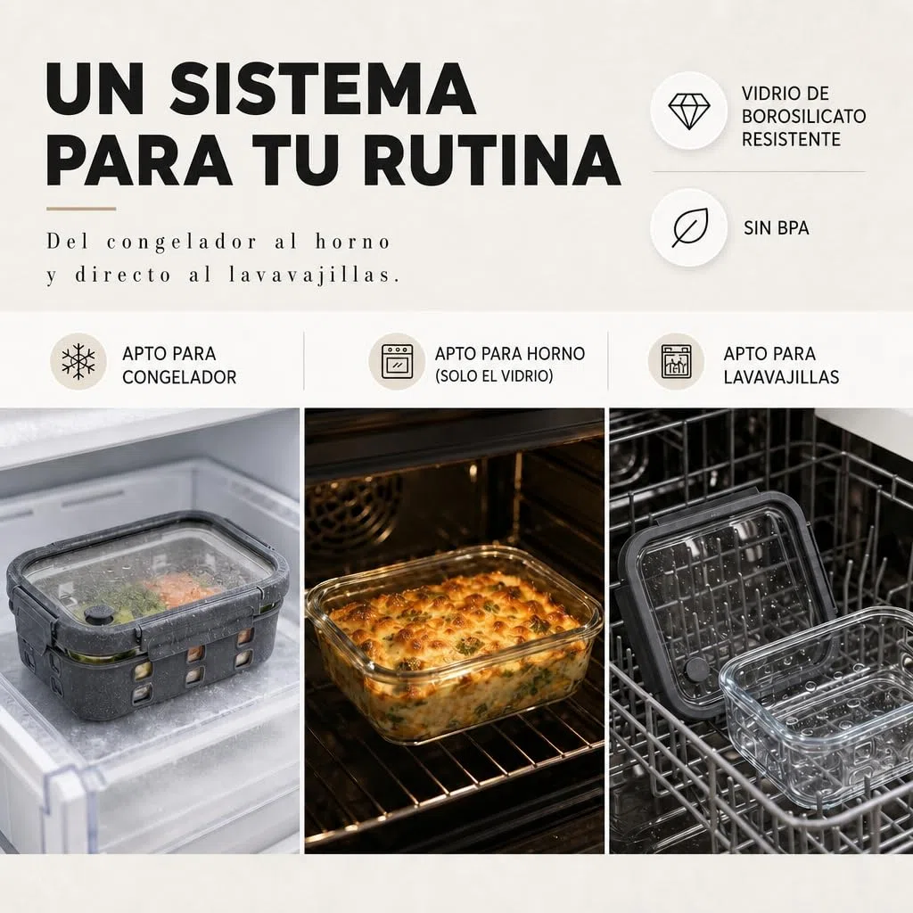 Fiambreras de Cristal Borosilicato – Set Meal Prep 3x1520 Mililitros, Recipientes Herméticos Apilables, Aptos para Microondas con Válvula de Vapor, Funda Silicona Anti-Impacto