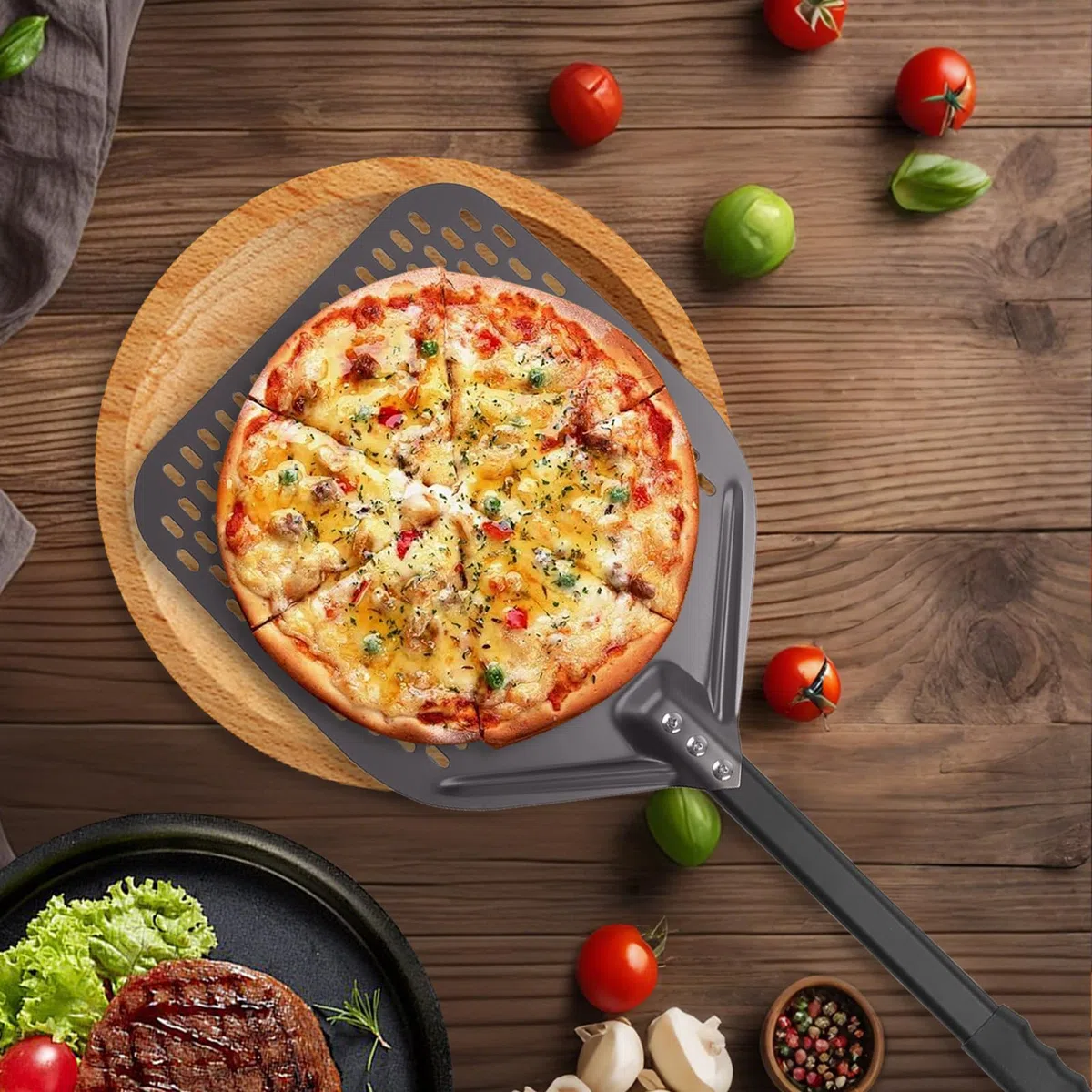 Pala para pizza perforada de 30 x 39 cm, pala de aluminio para pizza, pala de pizza negra con mango largo, superficie grande y mango extraíble