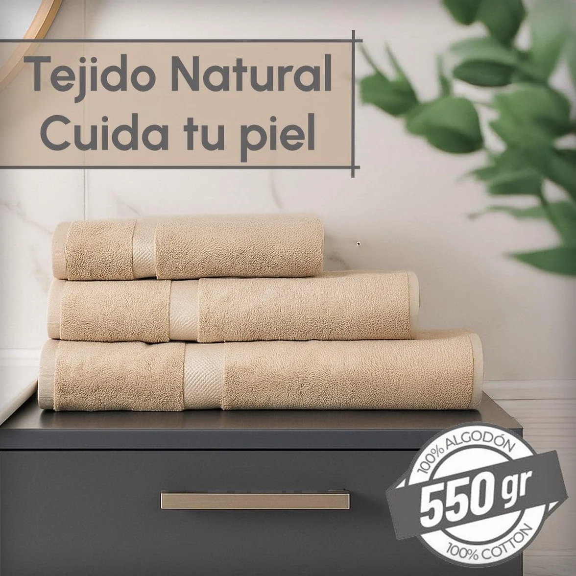 Juego de 8 Toallas de Ducha Color Beige 100% algodón Rizo de 140x70 cm | Tejido suave de gran gramaje con alta absorción. Aptas para lavadora, de uso diario.