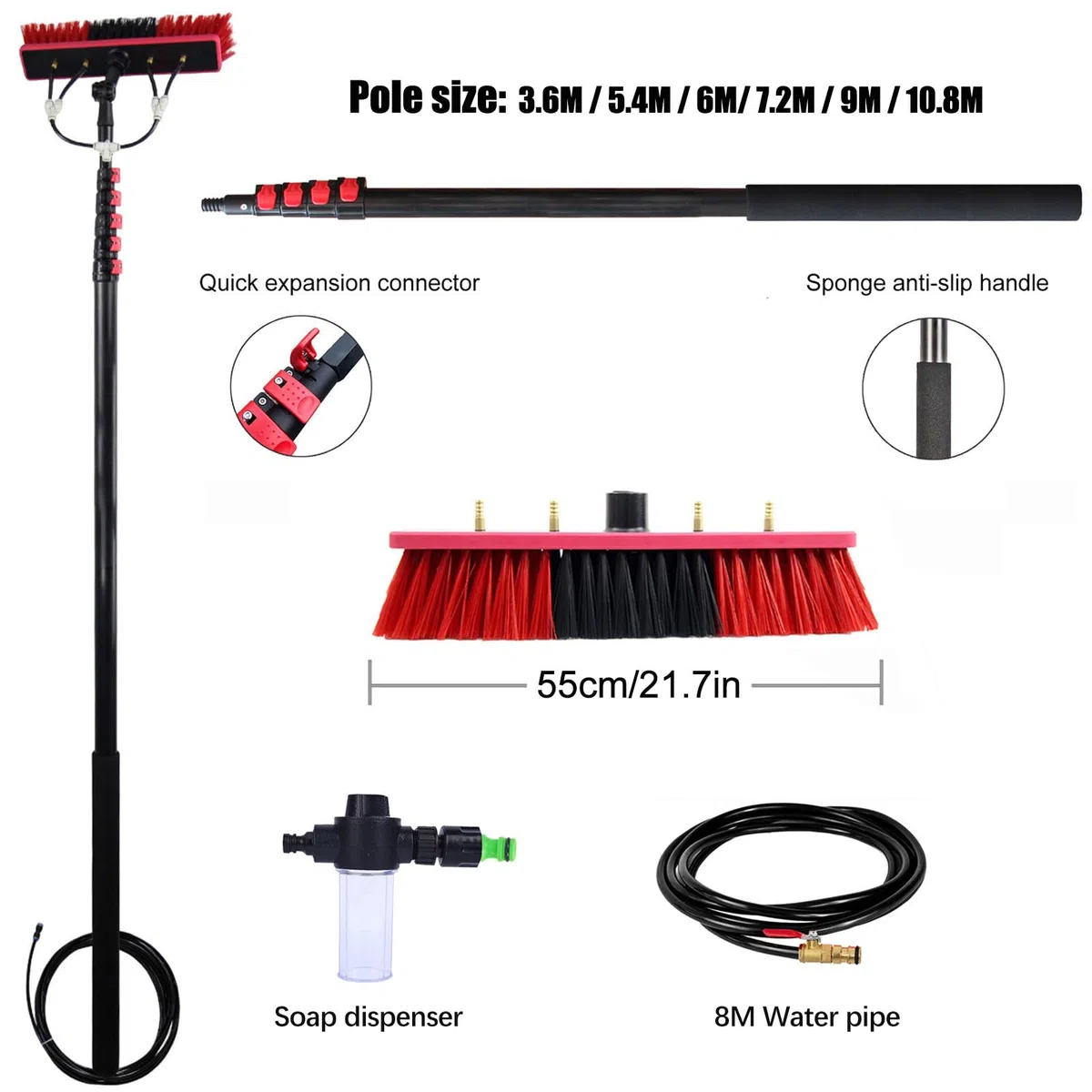 Genérico Cepillo para Ventanas con Suministro de Agua y dispensador de jabón, Mango telescópico de 3,6 a 10,8 m, Limpiador de Paneles solares, Kit para invernaderos, techos, Camiones, autob