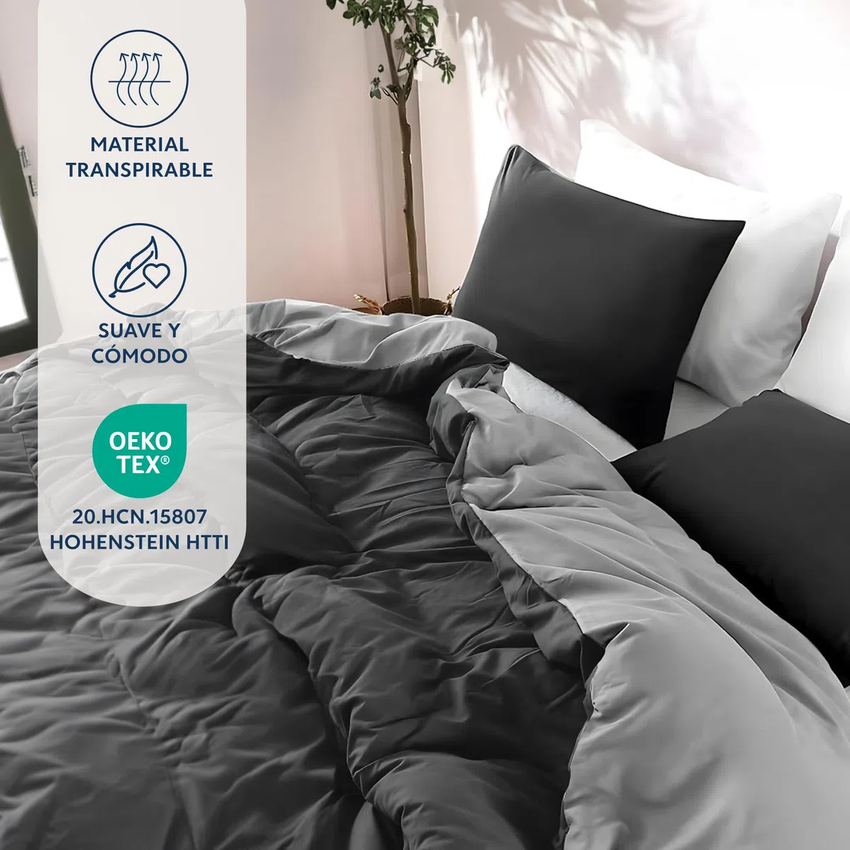 Dreamzie Funda Nordica Cama 240x220 cm con 2 Funda Almohada 50x70 cm - Negro/Gris Oscuro - Funda nordicas 240x220 de 100% Microfibra. Funda Nórdica Certificada sin Productos Químicos