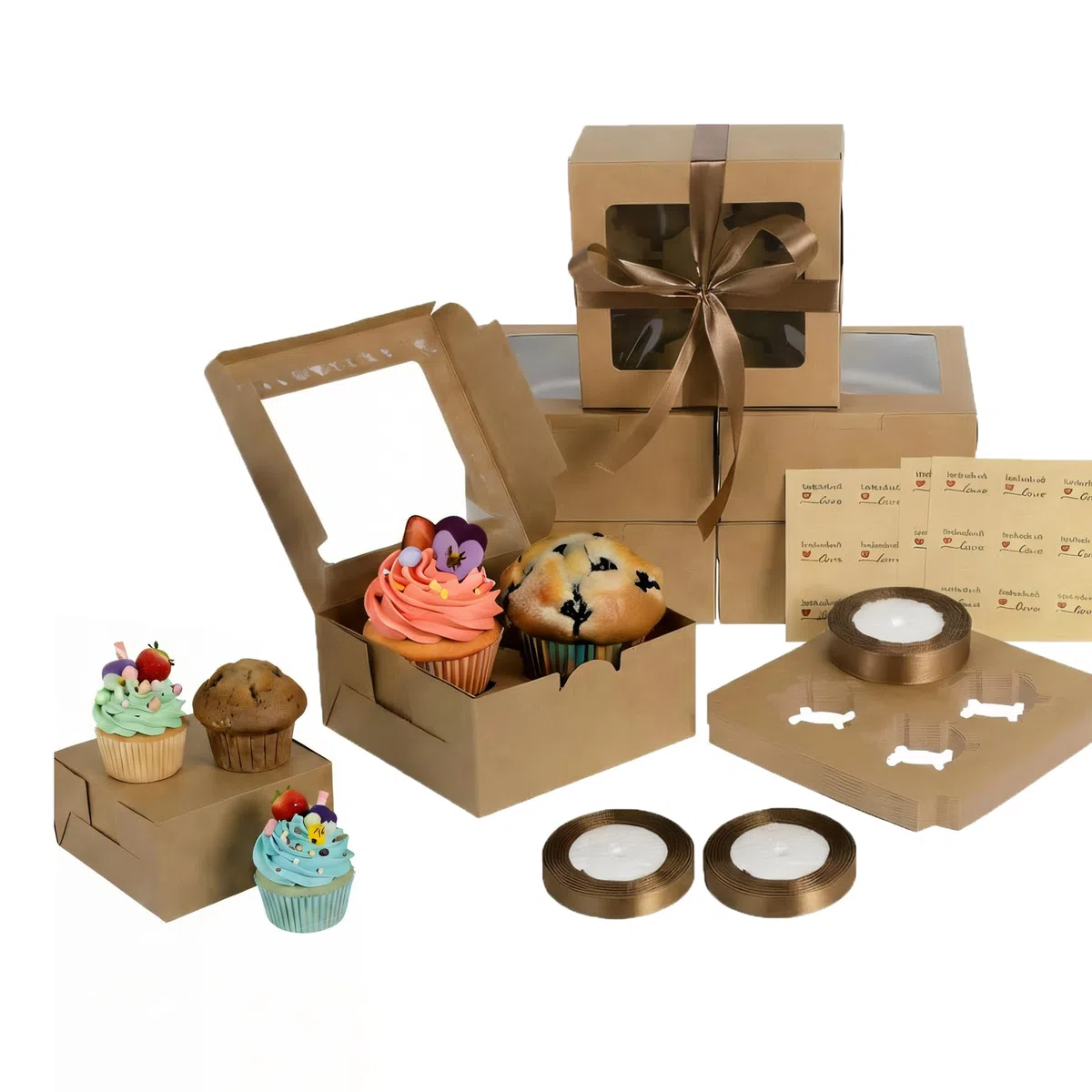 Coolty 30pcs Cajas para Tartas 4 Agujeros Cajas Cupcakes Cajas de Cartón para Embalaje Panadería Pastelería Cajas para Galletas Magdalenas Cupcakes Postres Tartas(Marrón)