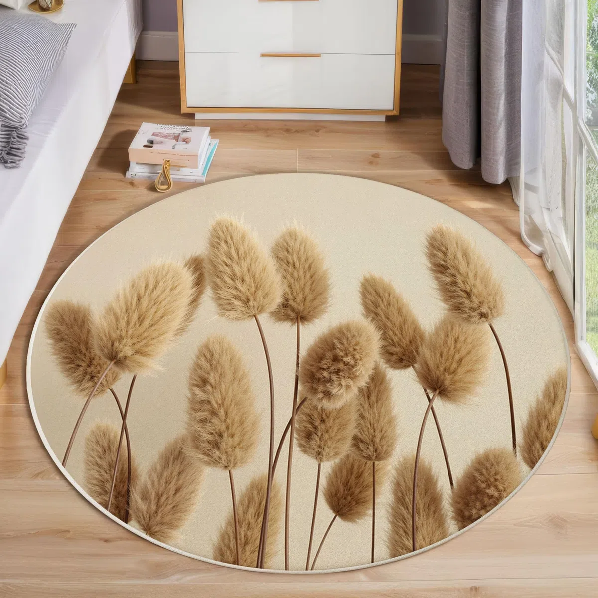 Alfombra Redonda Hierba Cola Conejo Esponjosa, 100cm Alfombras de Pelo Corto Suave Sencillez Natural Tapetes Antideslizante y Lavables para Sala de Estar, Dormitorio y Habitación Infantil, Beige