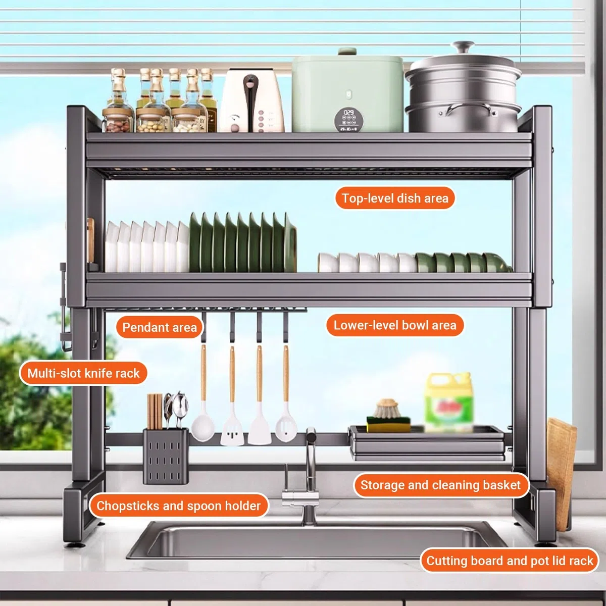 Escurridor de platos multifuncional de acero inoxidable que ahorra espacio para cocina, platos, vasos, cubiertos