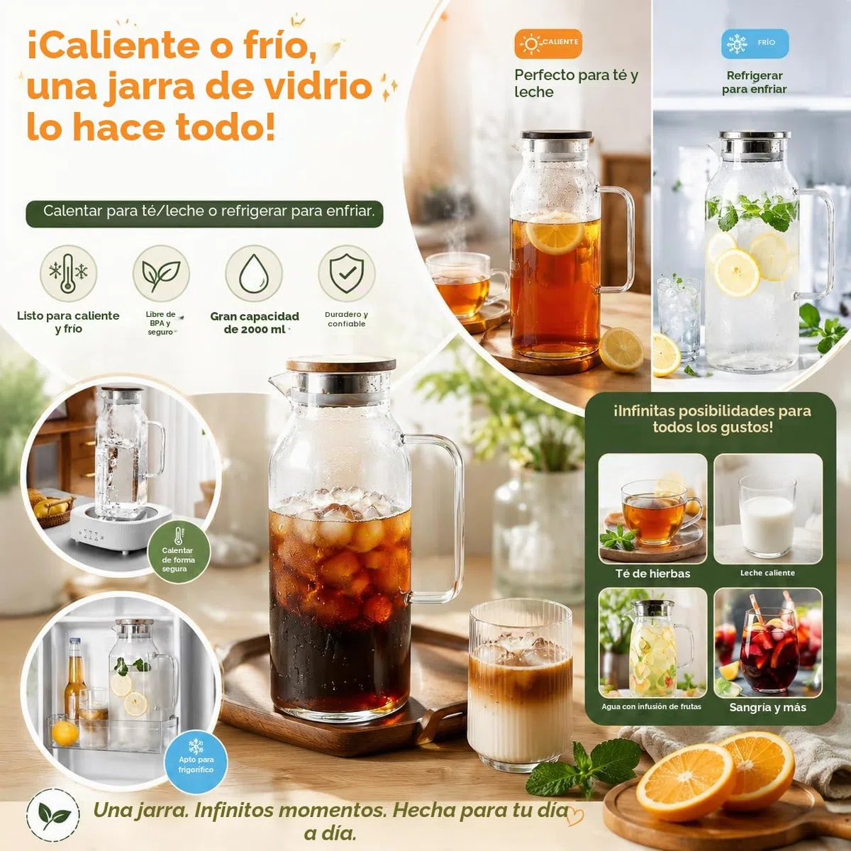Jarra Agua Cristal Cuadrada con Tapa 2 Litros botella cristal de Borosilicato para Jugo, Agua Nevera y Frigorífico Jarra de Agua Vidrio 2L con Doble Vertido y Mango, 27,2x9,5cm + un Cepillo