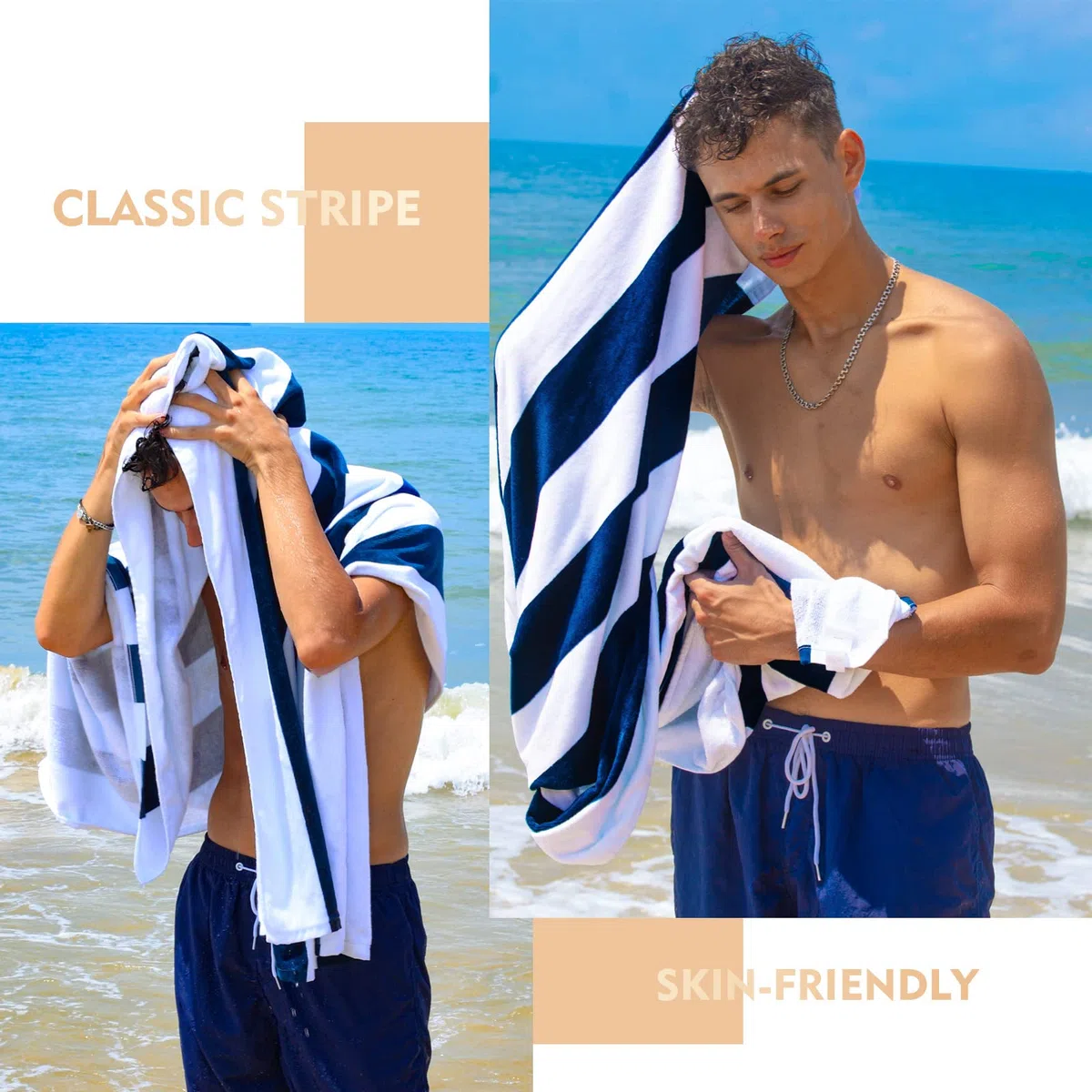Exclusivo Mezcla Paquete de 2 Toalla de Playa Cabana Rayada, Toalla de Baño 100% Algodón, Absorbente, Suave y Afelpada, para Piscina, Ducha y SPA, 90x180 cm, Azul Marino