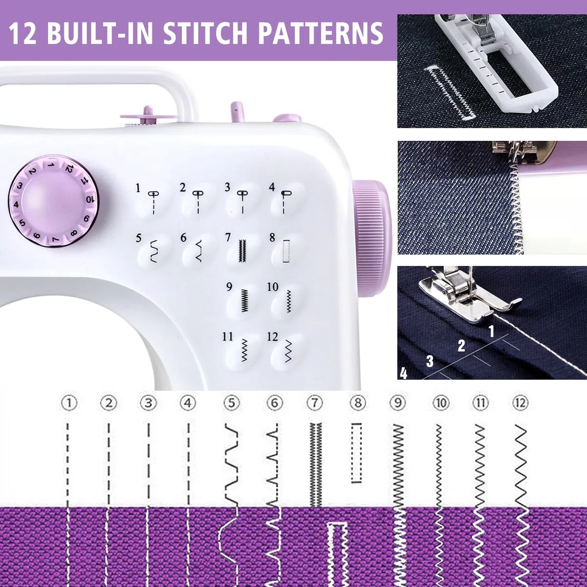 M MUNCASO mini máquina de coser para principiantes, máquina de coser electrónica de 12 agujas, máquina de coser multifuncional para niños, doble línea y doble velocidad