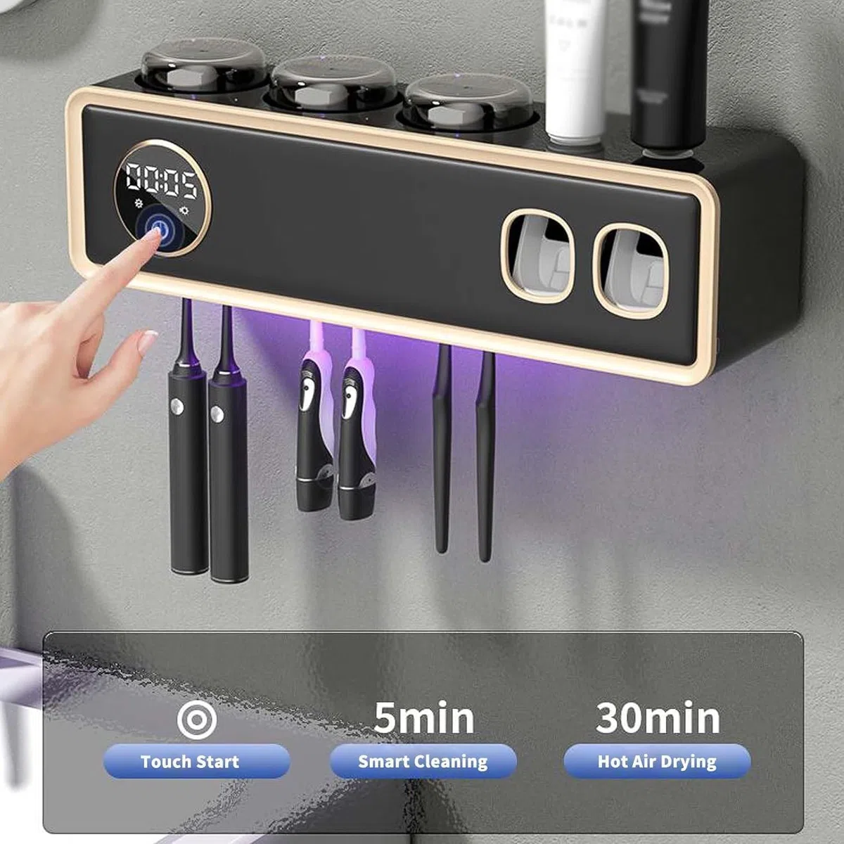 Soporte para cepillo de dientes montado en la pared con desinfectante UV y secado inteligente, pantalla LED para higiene del baño