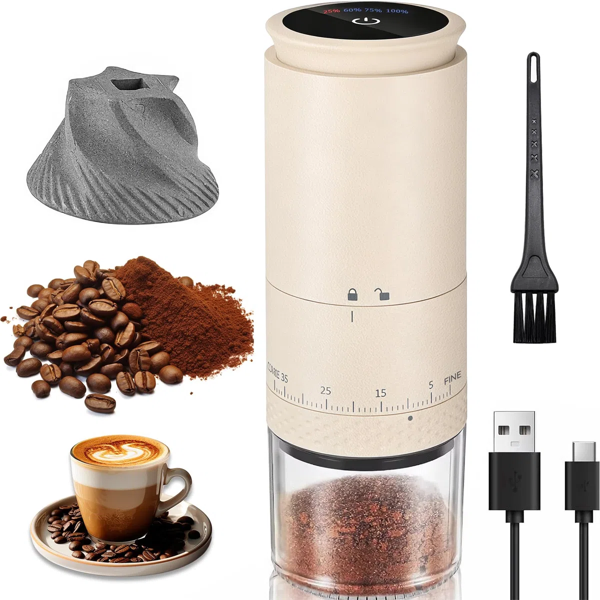 Molino de Café Eléctrico Portátil, Molinillo de Café con Muelas Cónicas de Cerámica, 2000mAH Recargable USB, Ideal para Hogar, Oficina, Campamento y Viajes (blanco, L)