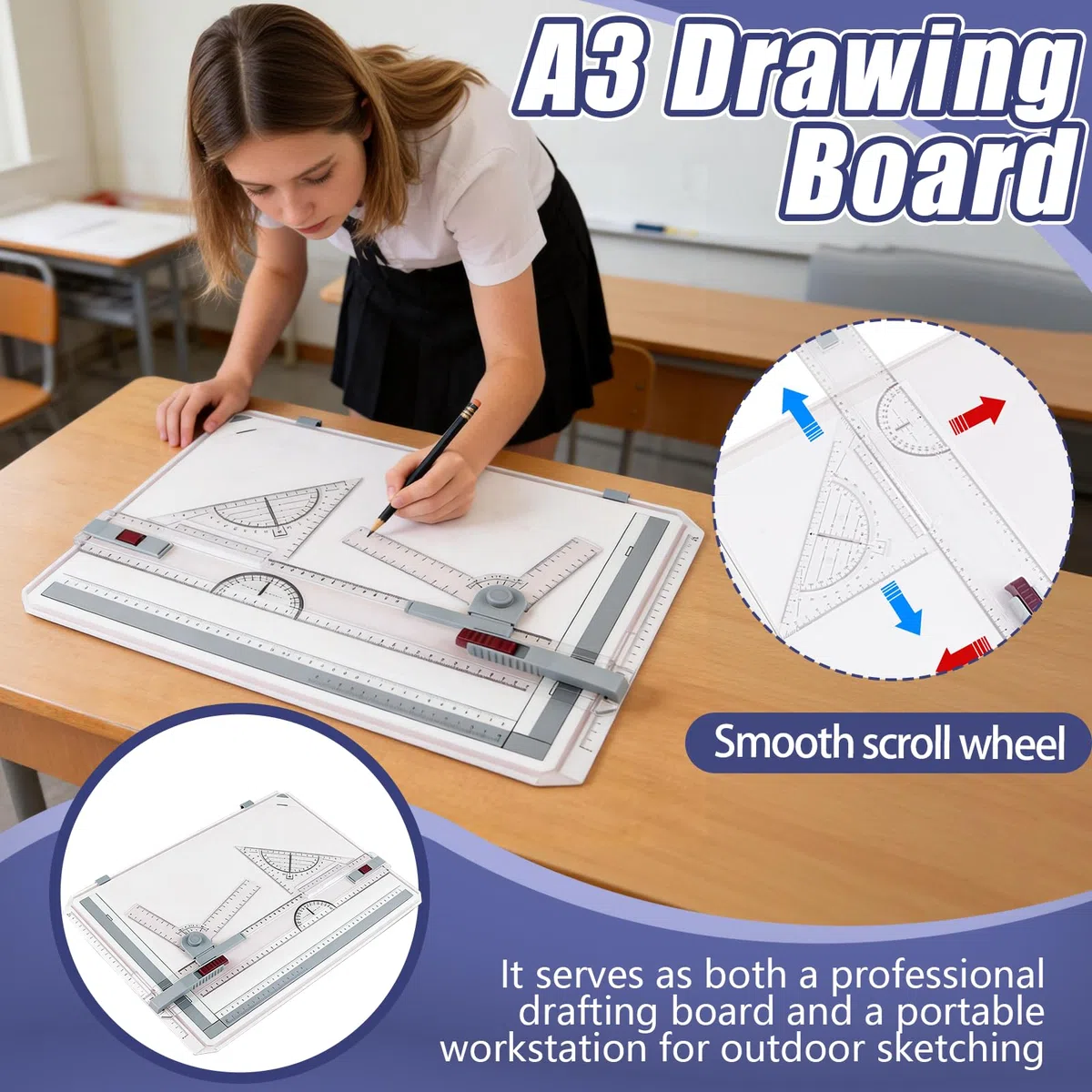 Tablero De Dibujo DIN A3, Con Regla Paralela Y Transportador Set De 6 Piezas Multifuncional Con Pinza Para Papel Regla Y Soporte Ajustable Para Dibujo Técnico Escuela Y Oficina