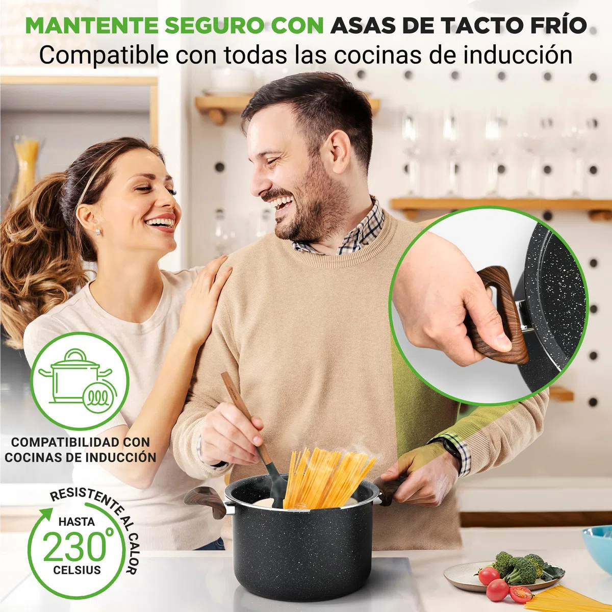 Nutrichef Olla para pasta con tapa coladora, 4.8L, Tenedor incluido, Antiadherente, Mangos resistentes al calor, Facil de limpiar