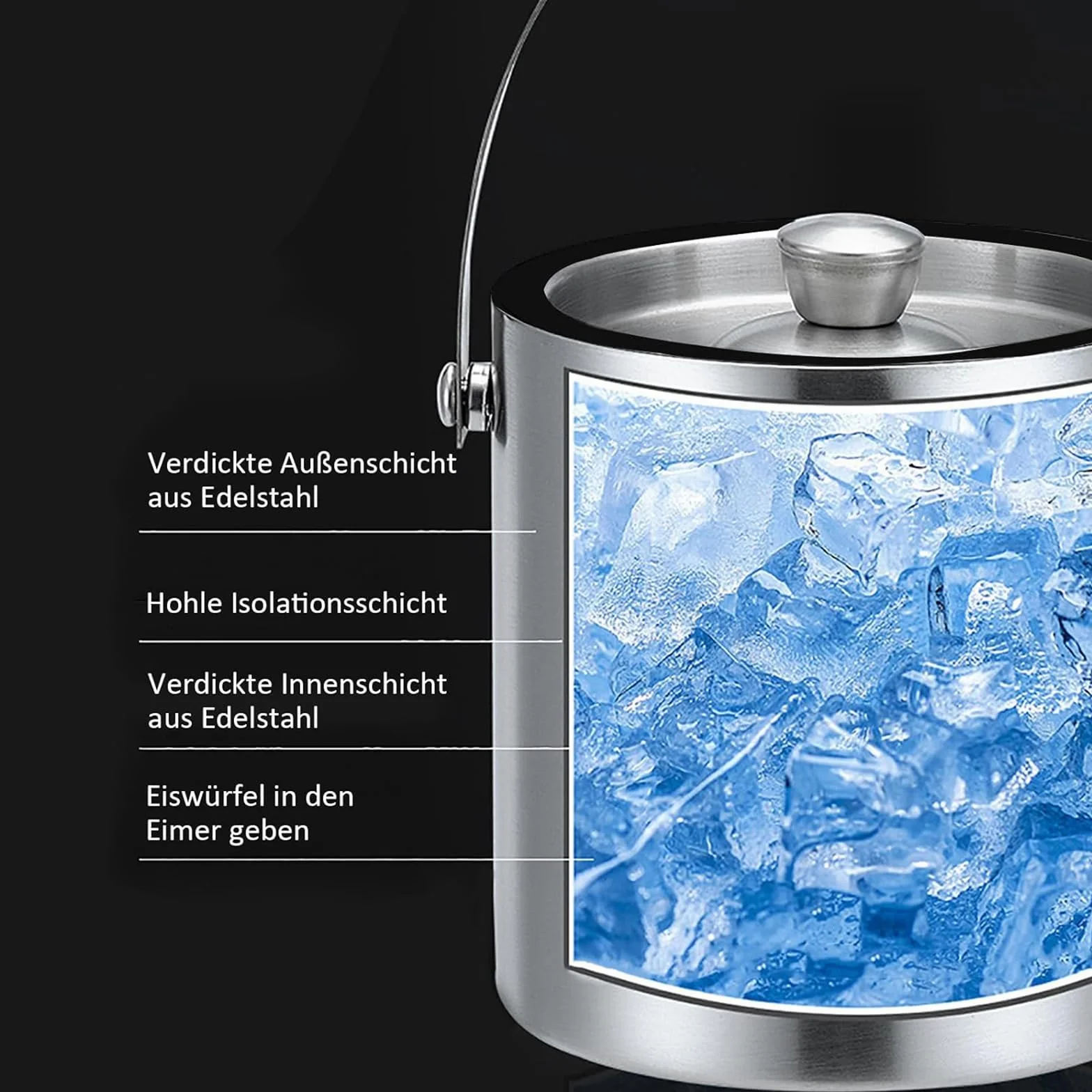 Cubitera, Cubitera Redonda con Tamiz y Pinzas Para Hielo, Cubo para Hielo con Doble Pared y Aislamiento de 3 Litros, Cubitera con Cuchara, Enfriador de Cubitos de Hielo, para Enfriar Cerveza