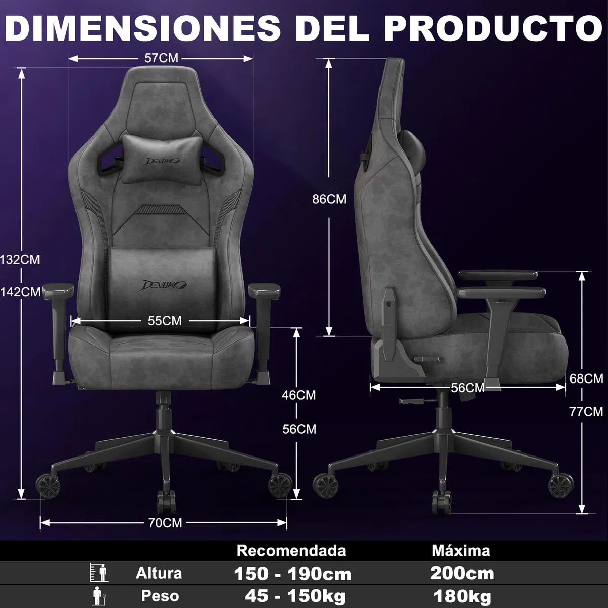 Devoko Silla Gamer Ergonómica para Oficina y Ordenador, Gamuza Suave, Reposabrazos 3D, Espuma Moldeada, Cojín Lumbar Ajustable, Base Metálica Fuerte, 180 kg, Gris Carbón
