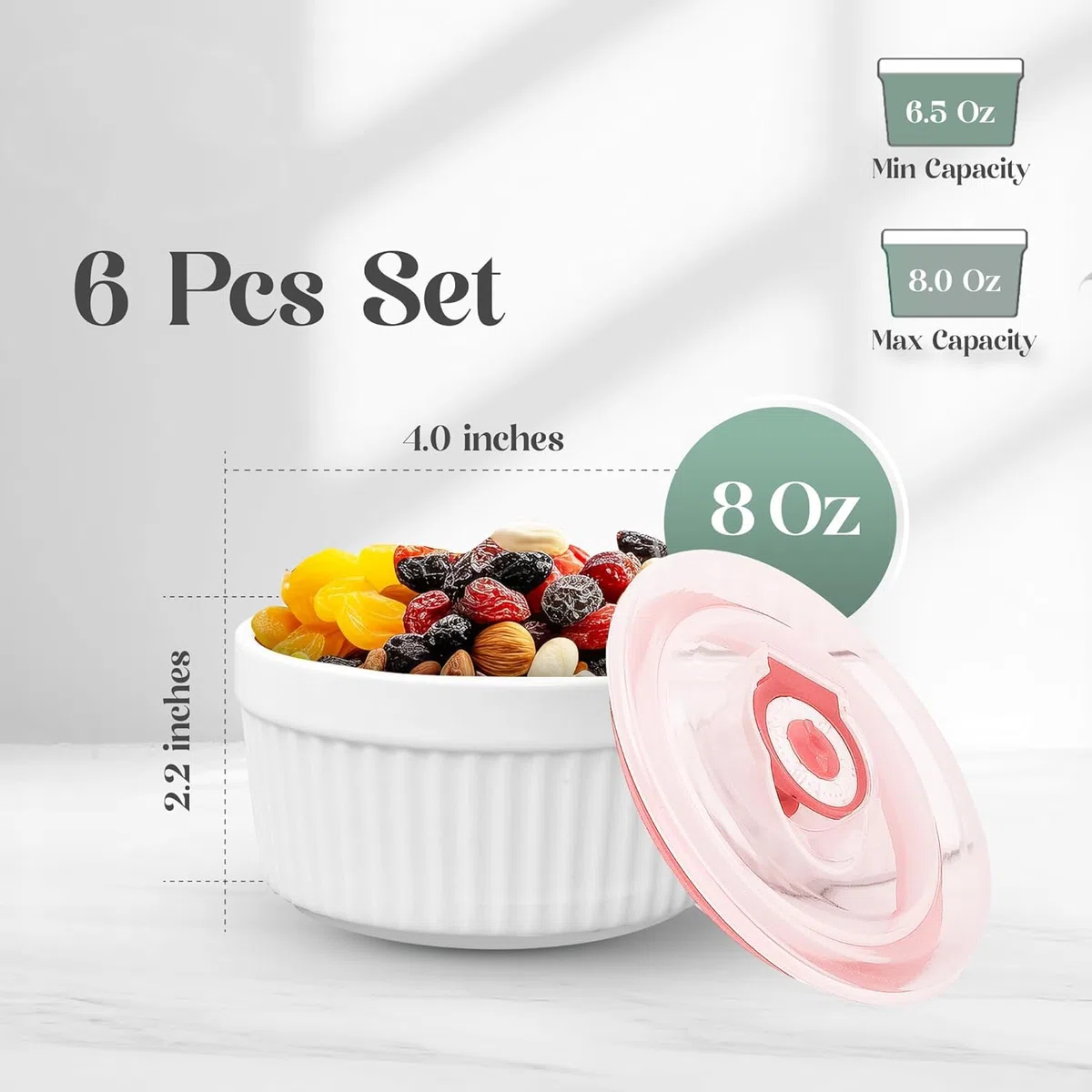 MEETOZ Ramequines con tapas de 8 onzas, porcelana blanca para creme brulee con cubiertas, vasos de cerámica para hornear, pudín, natillas, helados, juego de 6, aptos para lavavajillas y horno,