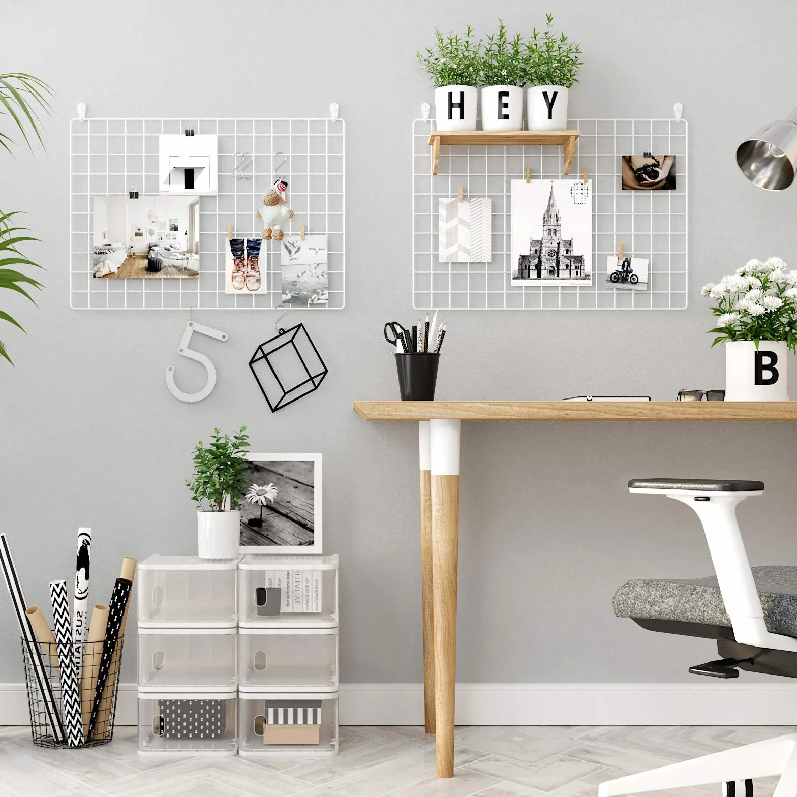SONGMICS Juego de 2 Paneles de Malla, Pantalla para Foto, 65 x 45 cm, Decoración de Pared Metálica, Múltifuncional, Bricolaje, Exhibición de Arte, Gancho S, Pinzas, Cordón de Cáñamo, Blanco LPP02W