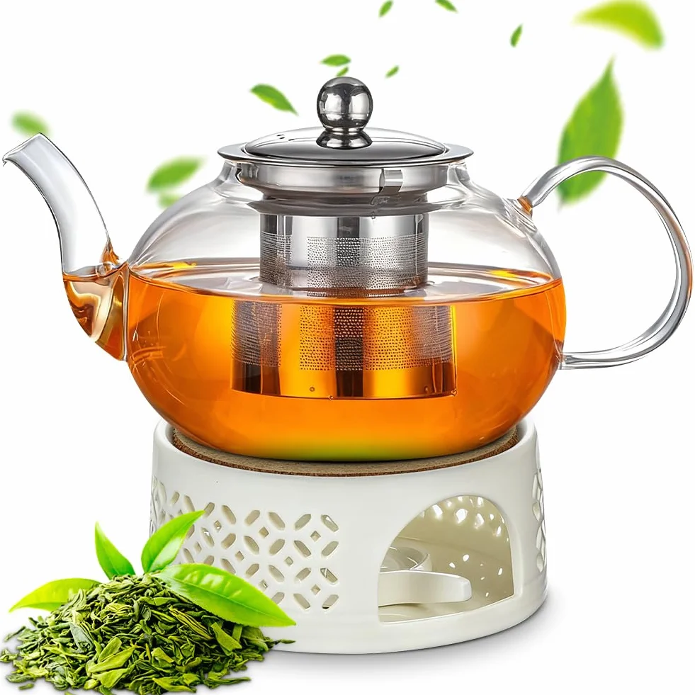 Tetera de cristal de 1000 ml con juego de calientaplatos, tetera de cristal con colador de acero inoxidable y tapa de cristal, tetera para té negro, té verde, té de frutas, té perfumado