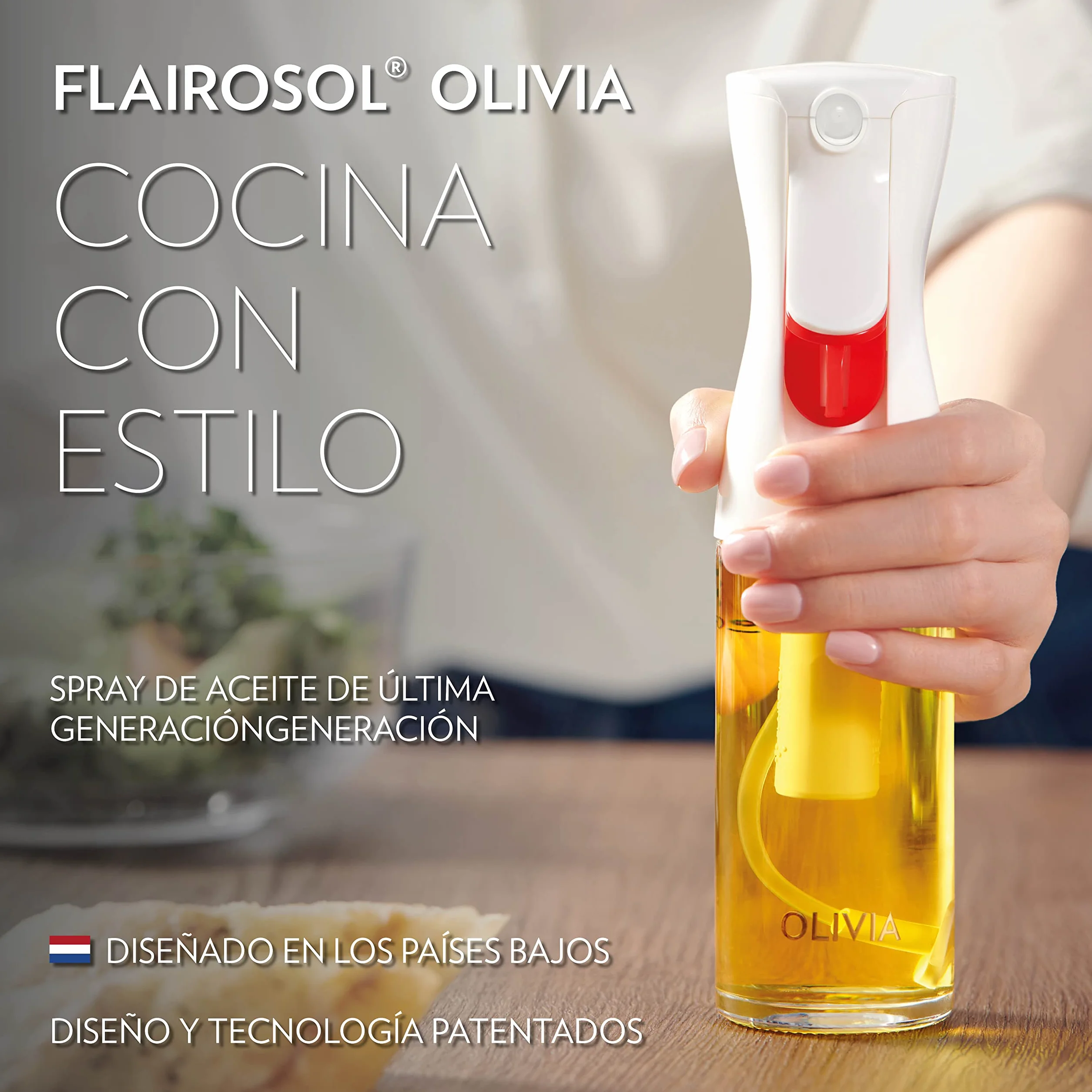 FLAIROSOL OLIVIA. El Pulverizador de Aceite Avanzado Original para Cocina, Barbacoas, Pulverización Continua con Control de Porciones, Confiado por Chefs. Tecnología Patentada.130 ml (Logo Dorado)