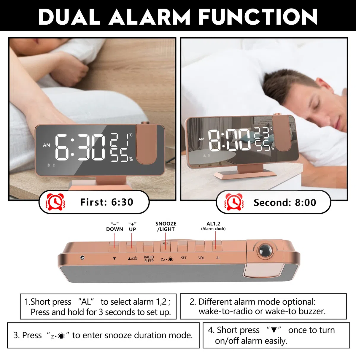 Reloj Despertador con Proyector Funciona con Red, para mesita de Noche Temperatura Indicador de Humedad Incluye Adaptador