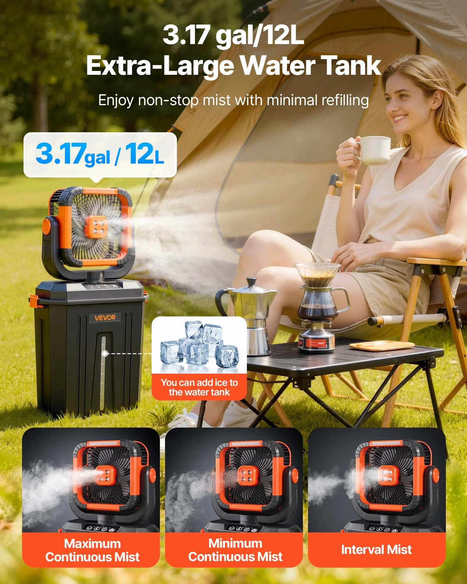 VEVOR Ventilador Nebulizador de Agua Motor de 2400 RPM, Ventilador Humidificador con Tanque de Agua de 12 L, Batería de 20.000 mAh, 4 Velocidades de Viento, 3 Modos de Iluminación, para Camping