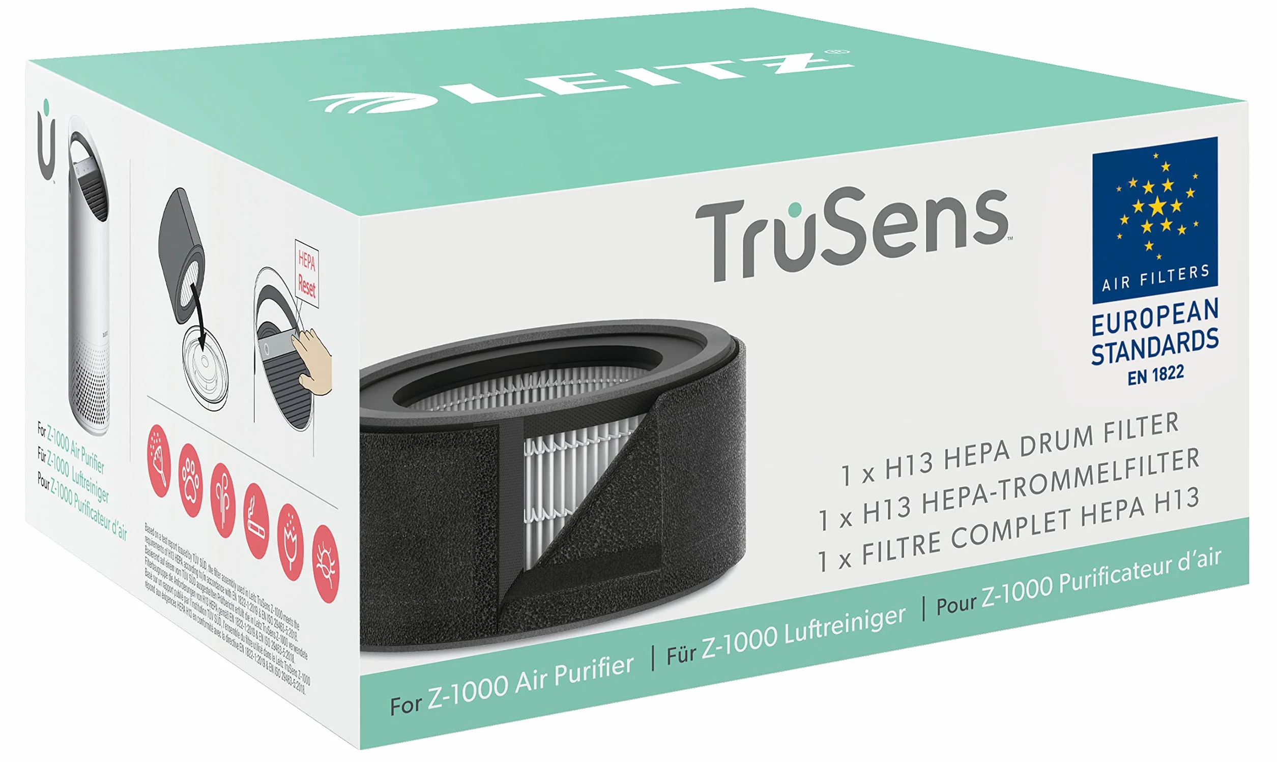 Leitz TruSens Filtro 2-en-1 H13 HEPA para Purificador de Aire Pequeño Leitz TruSens Z-1000, Elimina virus, alérgenos, pelo de mascota, COV-s, Polvo, Bacterias, Malos Olores y Humo, Negro, 2415141