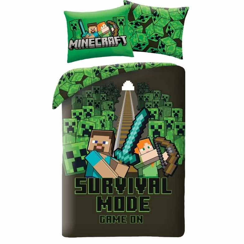 Minecraft Survival Mode Funda Nórdica Cama 90 140x200 + Funda Almohada | Ropa de cama reversible | Microfibra suave secado rápido Oeko-Tex | Licencia oficial | 6-14 | Regalo | Lavable a máquina
