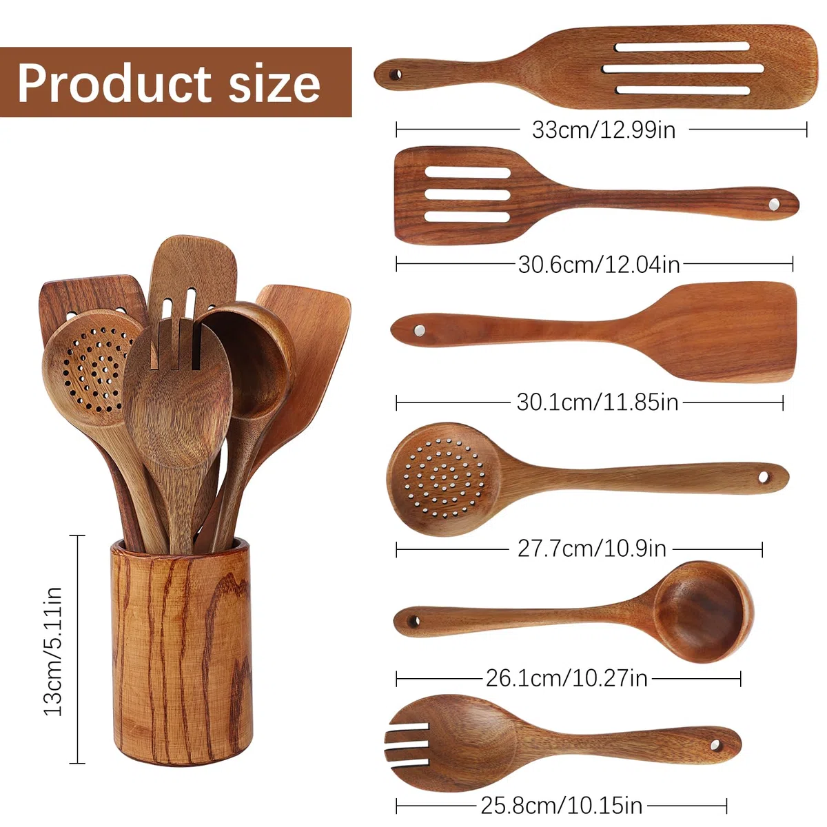 Utensilios de Cocina Madera de 7 Piezas,Madera de Teca,incluye un juego de Utensilios Cocina Madera,espátula de Madera,cuchara de Madera,Cucharón y Colador,adecuado para Sartenes antiadherentes