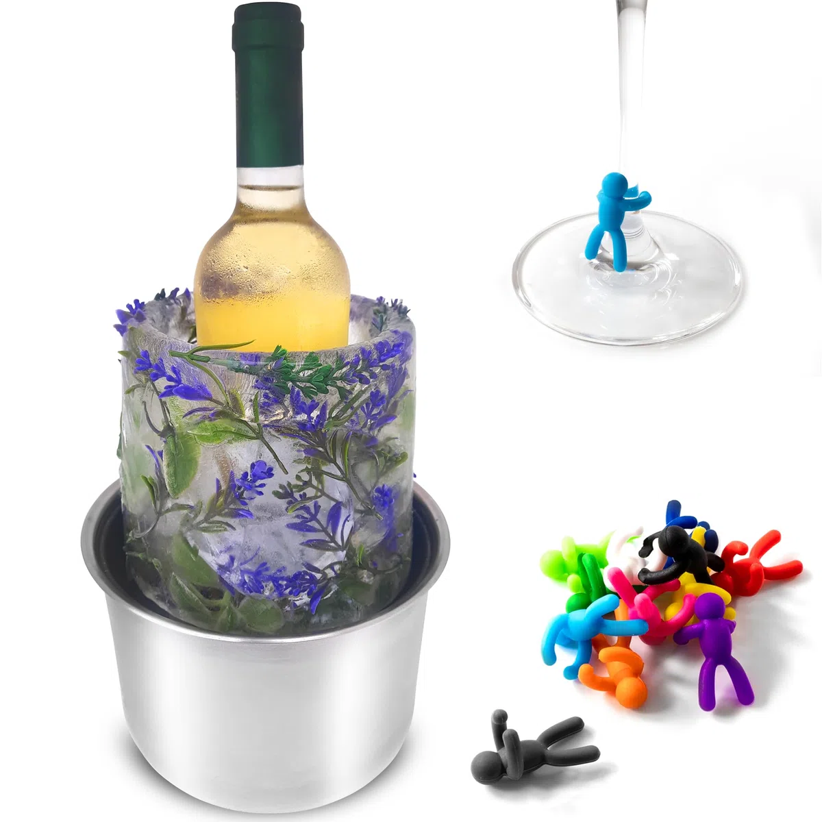 Molde de Hielo para Enfriar Botellas de Vino, Cubeta Enfriador de Champán, Personalizable con Flores y Frutas, Centro de Mesa Único para Fiesta y Celebraciones, con 12 Marcadores de Copas