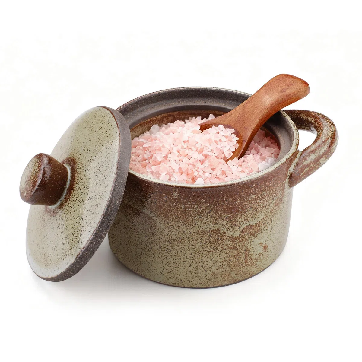 Yitexin Salero de porcelana moteada de 8.5 onzas con tapa y cuchara de madera, soporte para plato de sal de pimienta hecho a mano, tarro de especias esmaltado, recipiente para encimera de cocina
