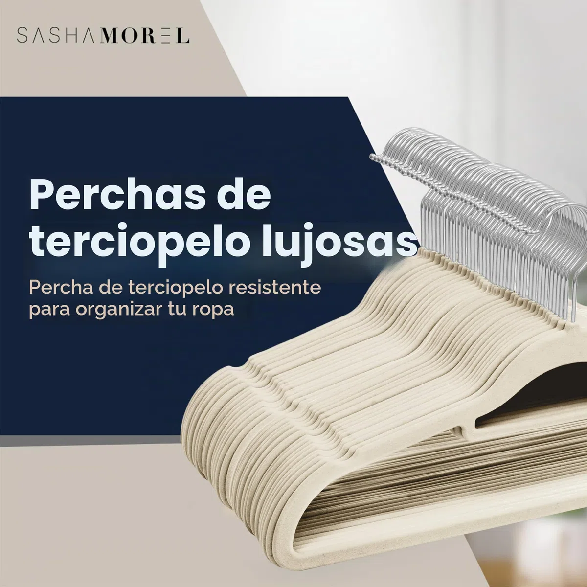 Sasha Morel Paquete de 50 perchas de terciopelo antideslizantes para ropa, ahorran espacio para adultos con organizador de corbatas y ganchos giratorios, perchas de ropa para almacenamiento de armario