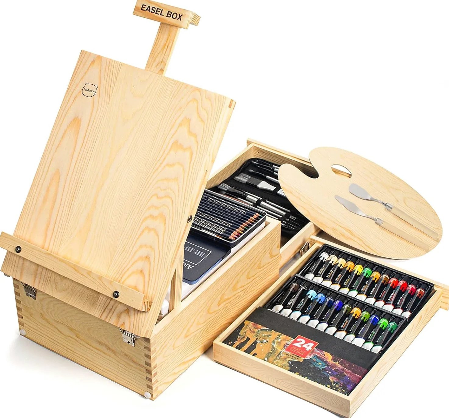 Caballetes para Mesa, Caballetes de Madera Ajustable Caballete Pintura Niños con 55 Piezas Estuche Pintura que Contiene 24 Piezas Pintura Acrílica 12 Lápices de Colores y Otras