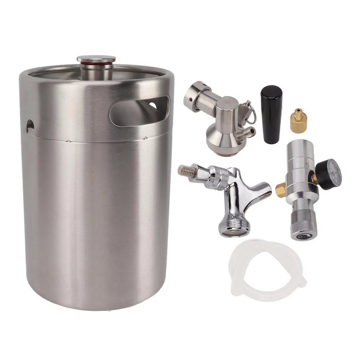 Mini Barril de Acero Inoxidable de 5L, Juego de Dispensador de Cerveza Casera con Presurizado, Grifo Ajustable y Calibre de 150PSI para Cerveza