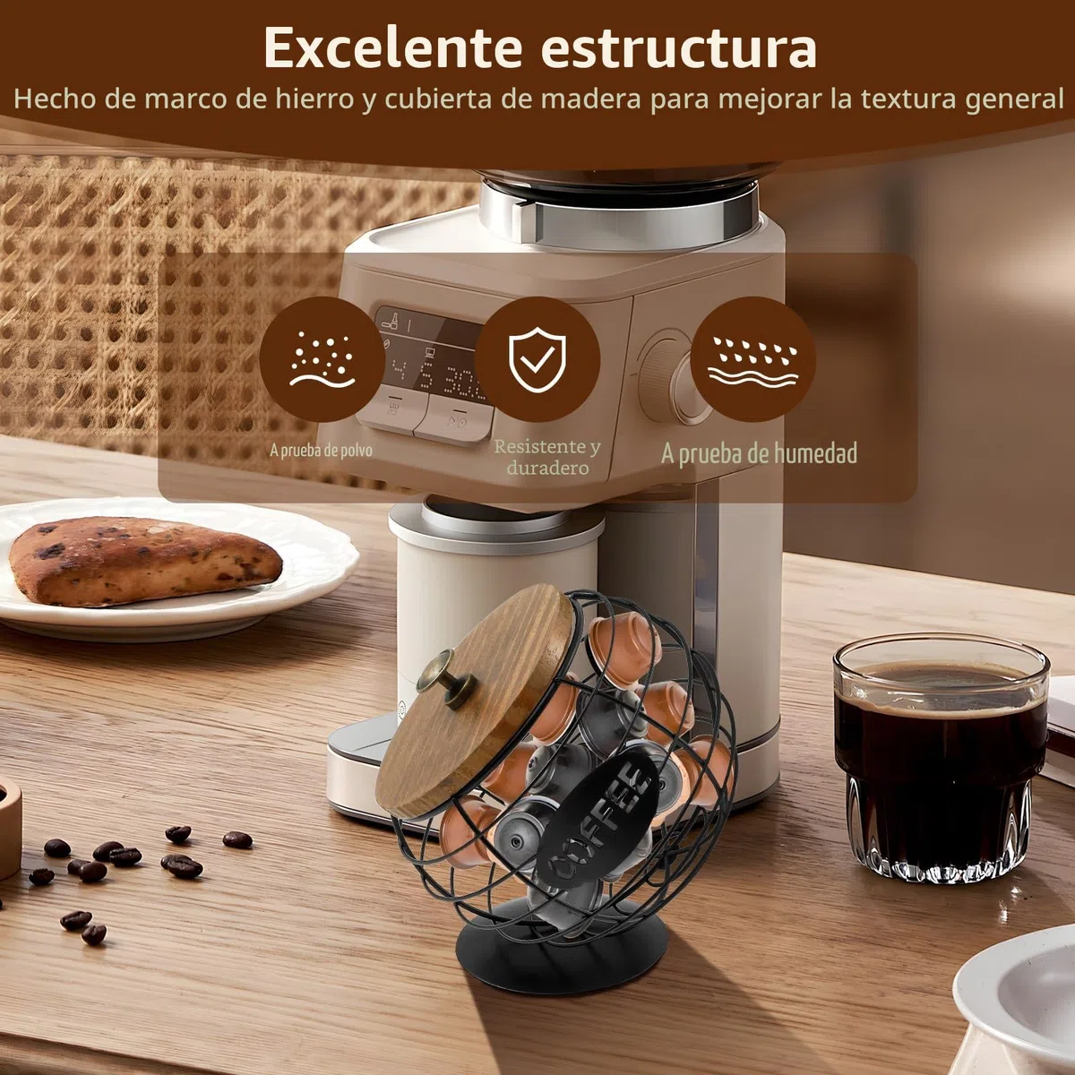 Cesta con Tapa para Cápsulas de Café, Moderno Soporte de Metal de Gran Capacidad para Expreso (Negro)
