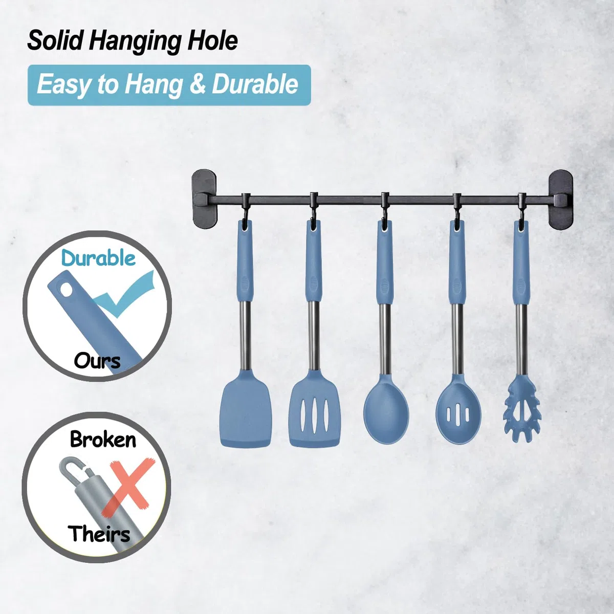 Espátula de silicona y cuchara de cocina, paquete de 5 cucharas y espátulas sólidas y ranuradas de silicona resistente al calor para cocina, mango de acero inoxidable recubierto con silicona,