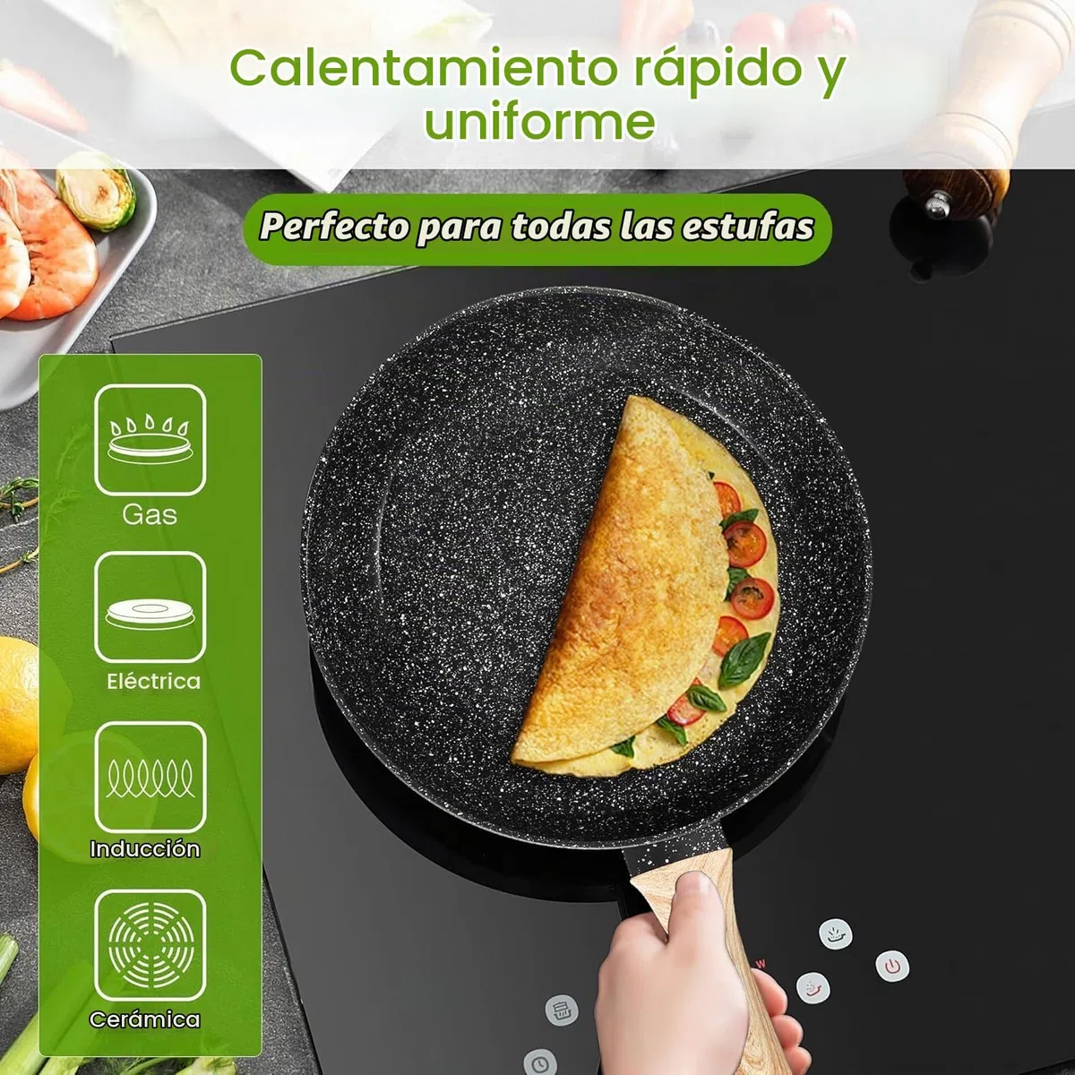 Batería de Cocina Antiadherente de 19 Piezas, Juego de Ollas y Sartenes de Inducción en Granito Negro, No Tóxico, Apta para Todas las Cocinas, Sin PFOA, PTFE, PFAS ni PFOS