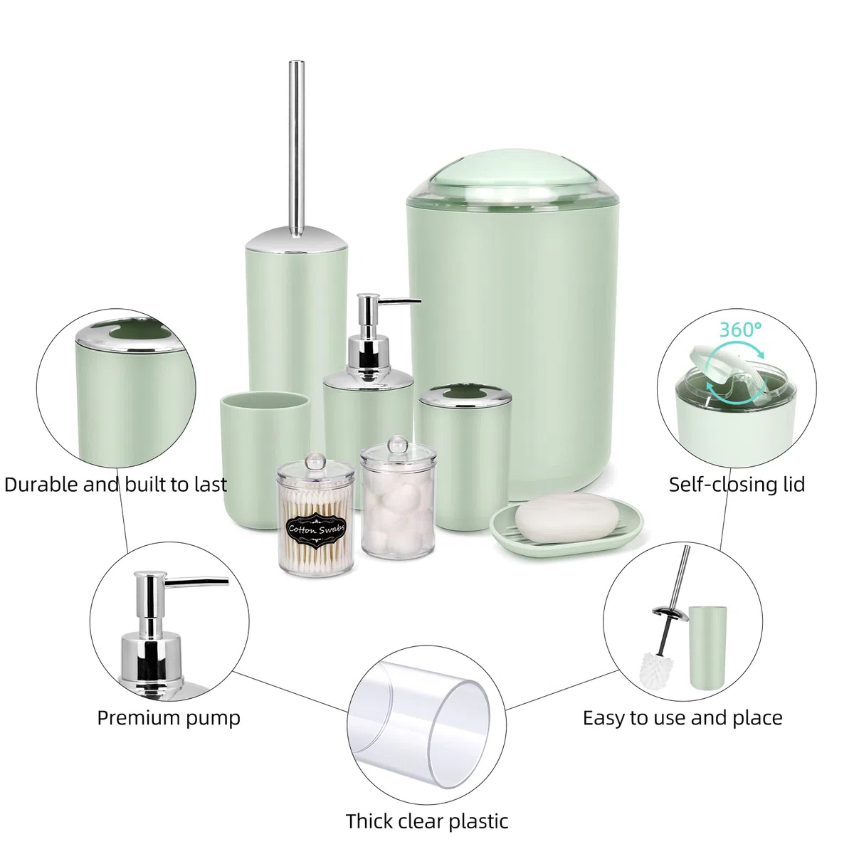 IMAVO Juego de Accesorios de baño – Juego de 8 Accesorios de baño Verdes con Papelera, dispensador de jabón, jabonera, Soporte para Cepillo de Dientes, Taza para Cepillo de Dientes, Soporte para
