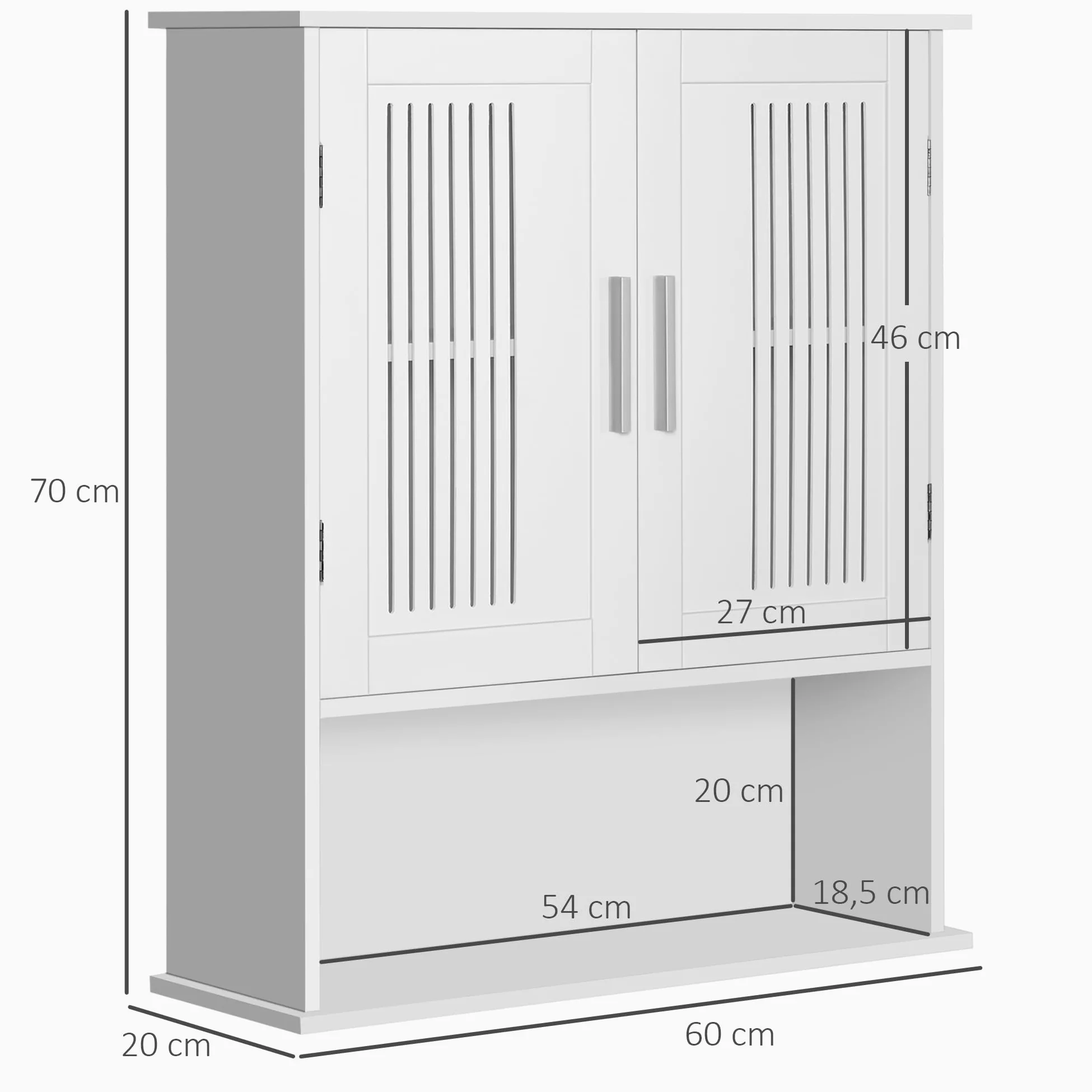 kleankin Armario de Pared para Baño Multiusos Mueble de Baño Suspendido Armario Colgante de Almacenamiento con 2 Puertas de Listones Estante Ajustable y Compartimento 60x20x70 cm Blanco