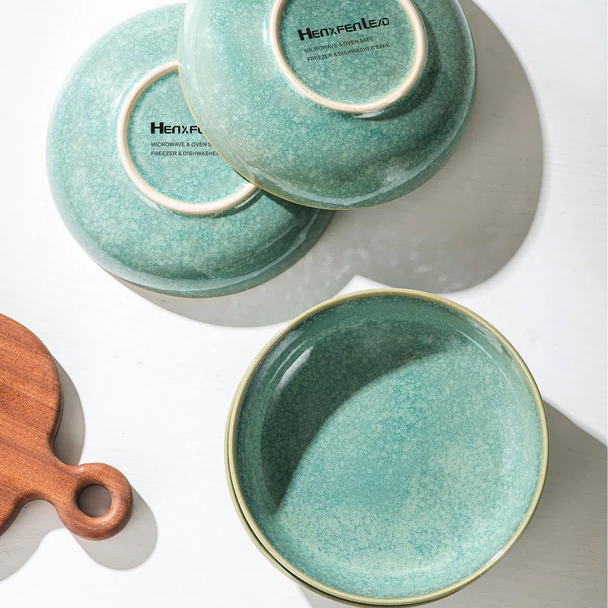 HENXFEN LEAD cuencos para pasta, sopera de cerámica de 740 ml, juego de 4 ensaladeras de porcelana, verde brillante