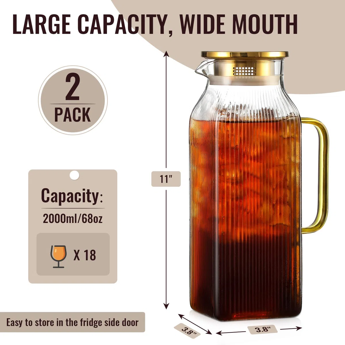 Paquete de 2 jarras cuadradas de vidrio de 2 litros con tapa, jarras de agua clásicas a rayas con asa para refrigerador, jarra grande para té helado, café, jarra de vidrio de borosilicato para bebidas