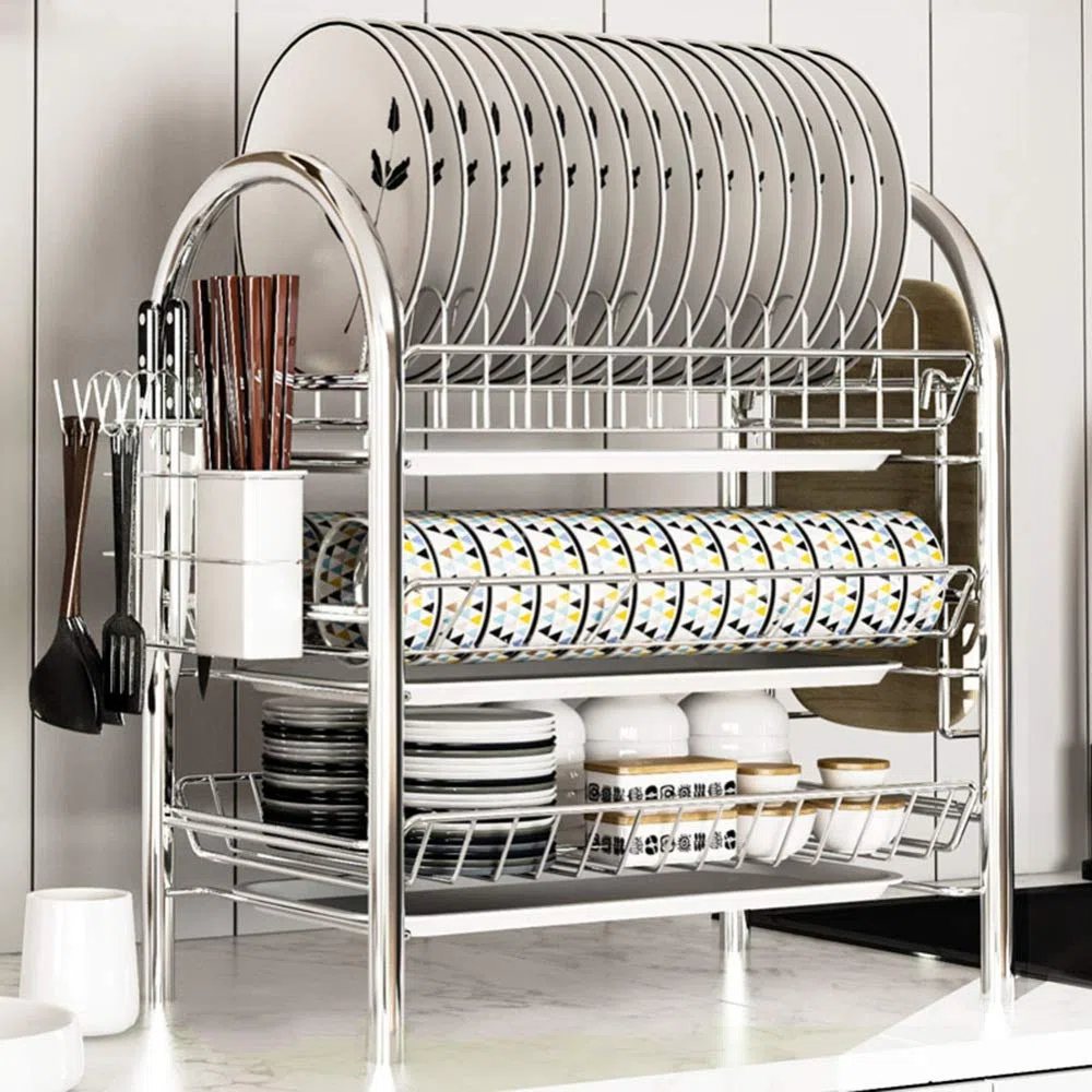 Escurridor de platos de acero inoxidable, organizador de cocina a prueba de óxido con 3 cubos de drenaje para platos, vasos, tazas y cubiertos, estante de secado duradero que ahorra espacio para un