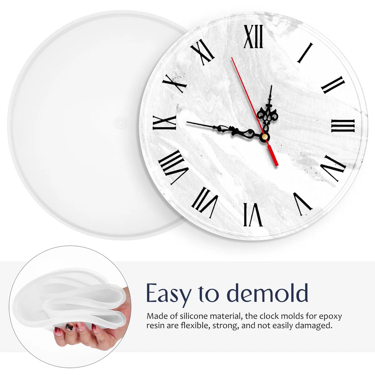 VILLCASE Molde de silicona para reloj de resina epoxi, forma redonda de resina epoxi, juego de moldes con mecanismo y molde de silicona árabe romana para pared DIY