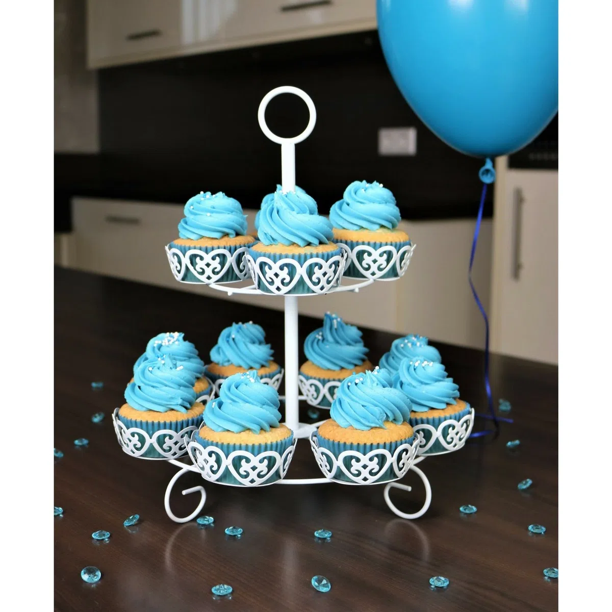 Stand Base para 12 Cupcake Muffin postres 2-Niveles | Soporte en Metal Blanco, Vintage | Ideal para Fiestas de cumpleaños de niños, Bodas, bautizos, cumpleaños, Baby Showers