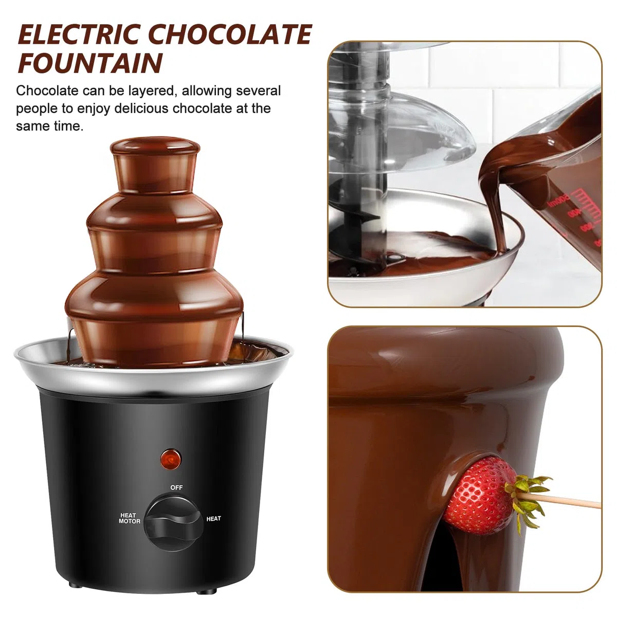 Fuente de chocolate eléctrica, fuente de chocolate de 3 niveles, máquina de fondue de chocolate de acero inoxidable con 60W, capacidad de 450g, para fiestas, cumpleaños, Navidad