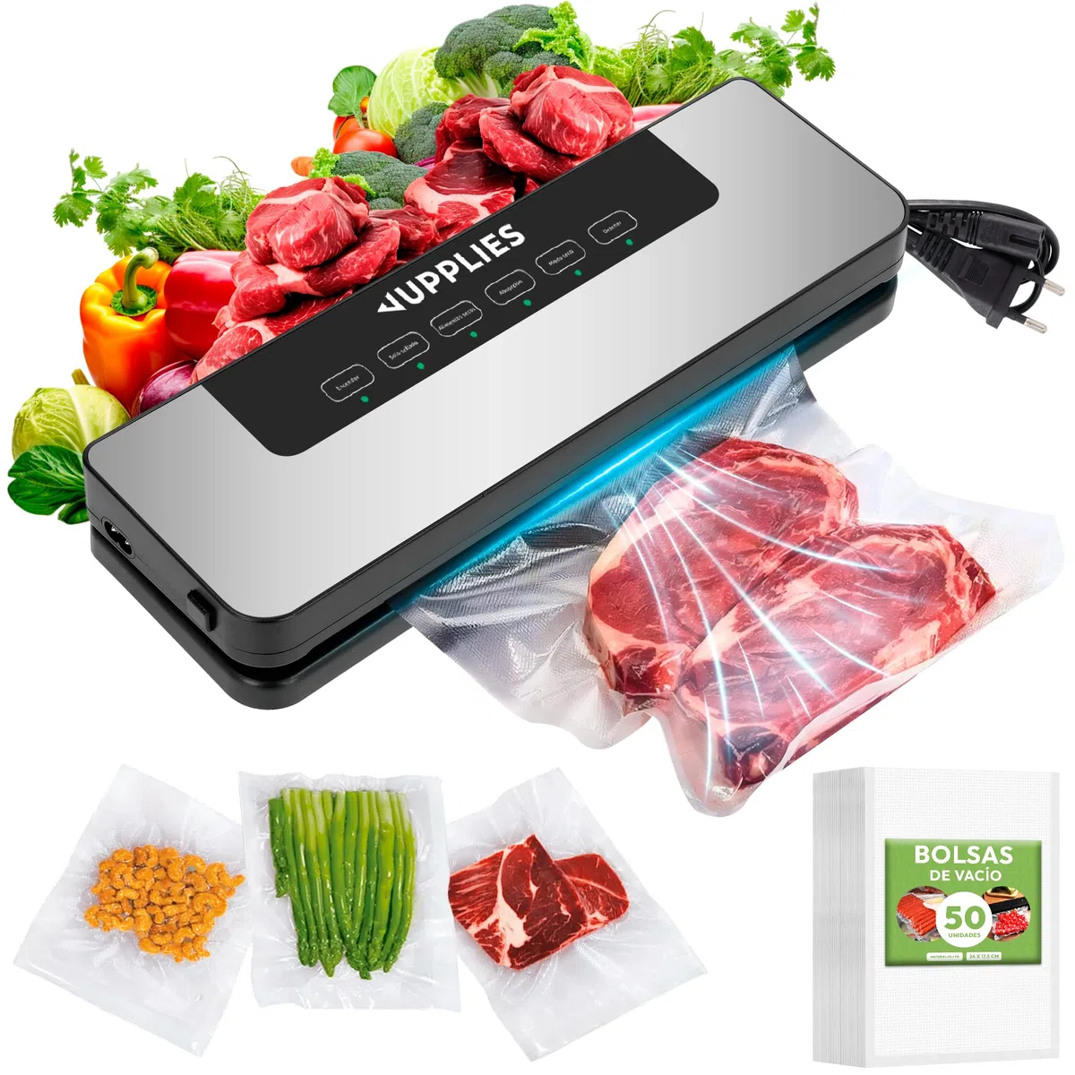 JUPPLIES Envasadora al Vacio Domestica - Selladora de Alimentos Profesional con Potente Succión 80 Kpa y 5 Modos - Máquina de Conservación de Alimentos Frescos (Envasadora + 50 Bolsas)