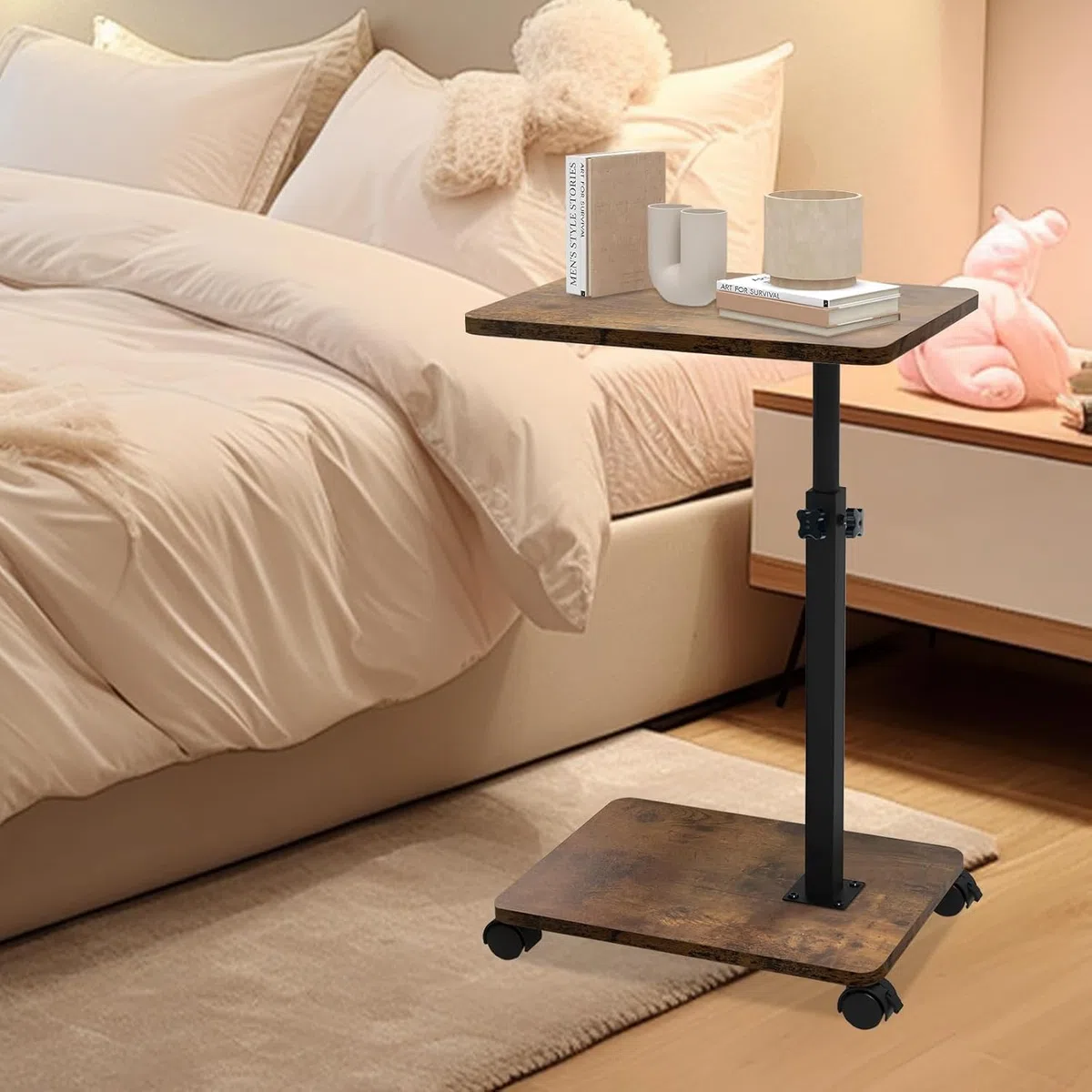 Mesa Auxiliar en Forma de C, Altura Ajustable, Mesa de Sofá con Ruedas, Mesa Pequeña, Side Table, Mesa de Café, Mesa de Cama, Mesa de Noche, Mesa de Cuidados para Salón, Dormitorio, Baño